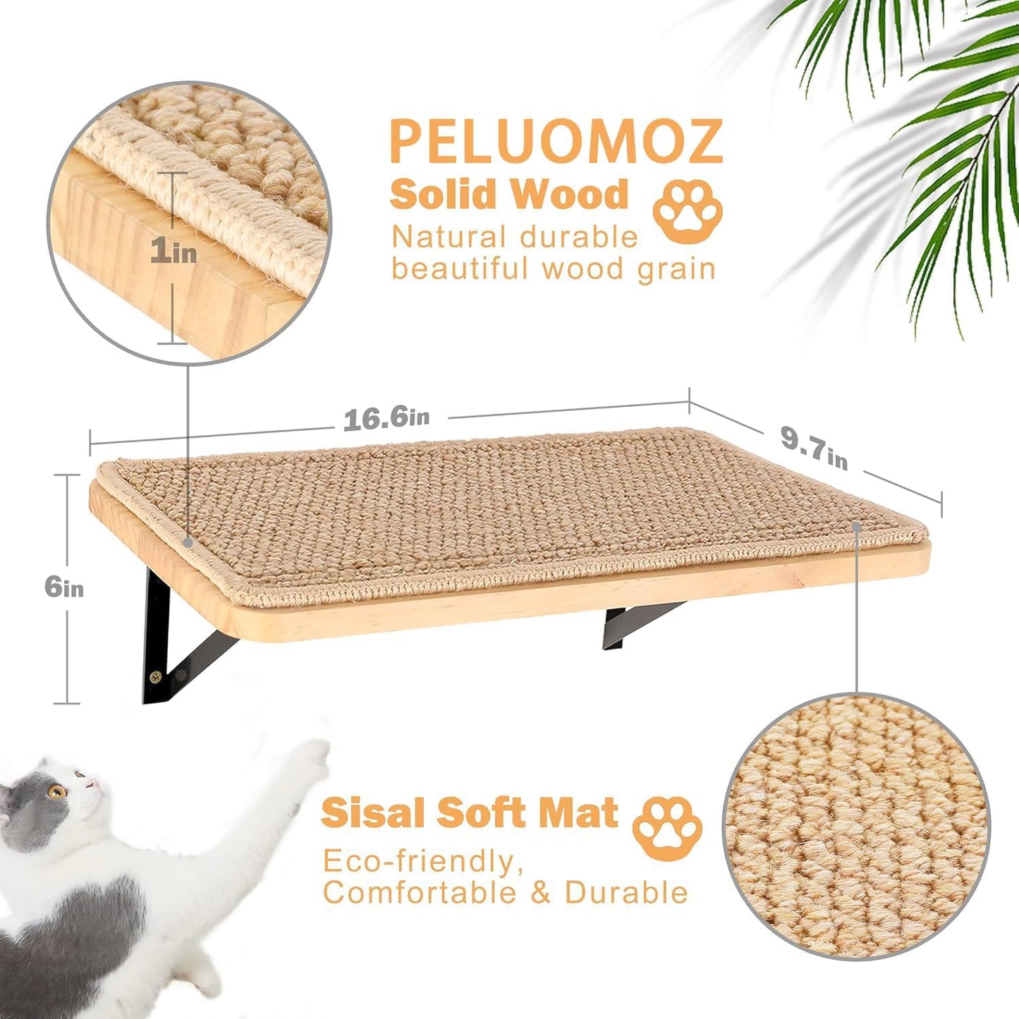2PCS Cat Wall Shelves with Scratching Mat, 16.6x9.7 Inch Large Cat Wall Hammock Cats Furniture Shelf Window Perch Wall Mounted Beds for Household Pets Sleeping, Playing, Climbing