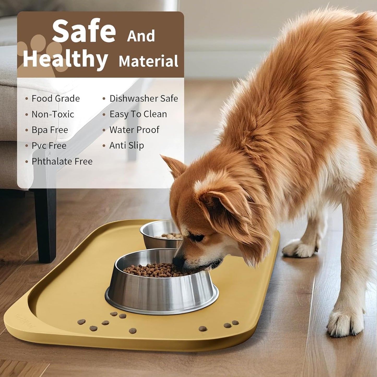 Silicone Pet Feeding Mat with Raised Edge & Residue Collection Pocket for Food and Water, Dog Bowl Mats, Cat Bowls Placemat with High Lip for Floor Waterproof, 19 x 12 x 0.7 Beige