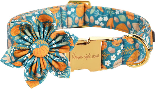 Unique style paws Halloween Dog Collar with Flower Tie Pumpkin Cotton Collar Adjustable Puppy Collar for Small Medium Large Dogs-S