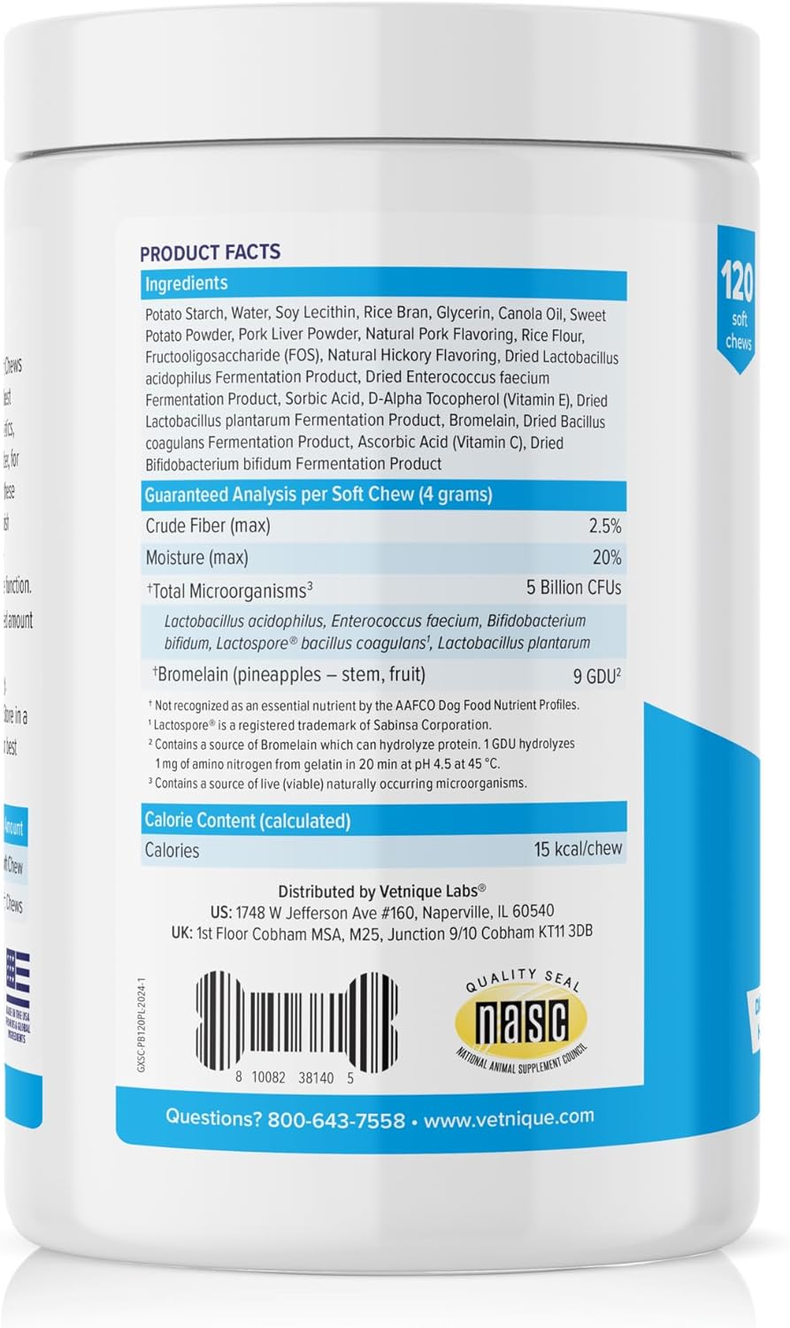 Vetnique Glandex Daily Probiotics for Dogs with Prebiotics to Support Gut Health with Fiber and Digestive Enzymes, Probiotic Chews or Powders (120ct Chews, Bacon Chews)