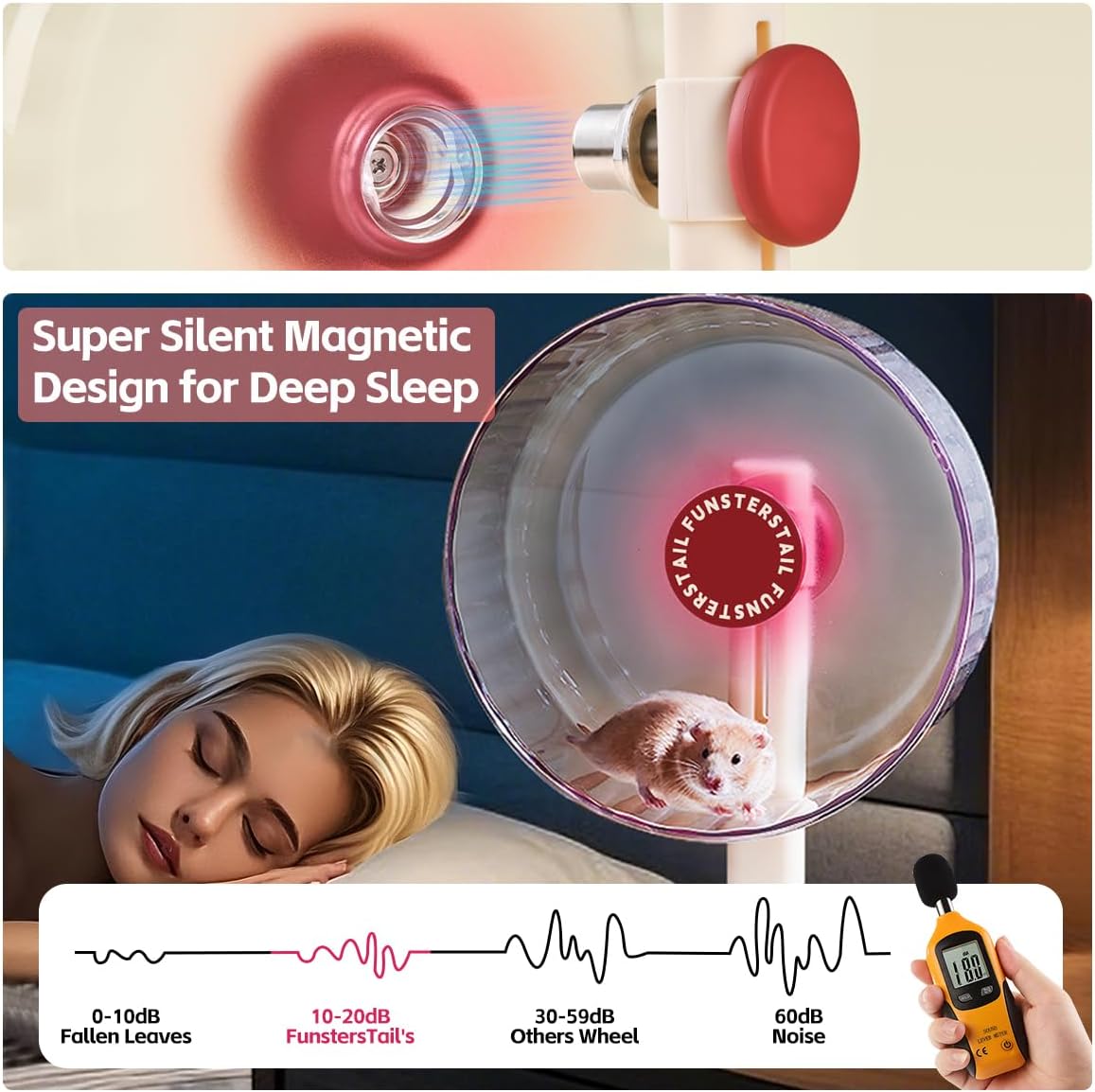 Super Silent Hamster Wheel 10.4 Inch, Magnetic Large Rat Wheel for Chinchilla, Gerbil, Guinea Pig, Cat, Mouse, Sugar Glider and Dwarf, Syrian Hamster Accessories (Tomato Red)