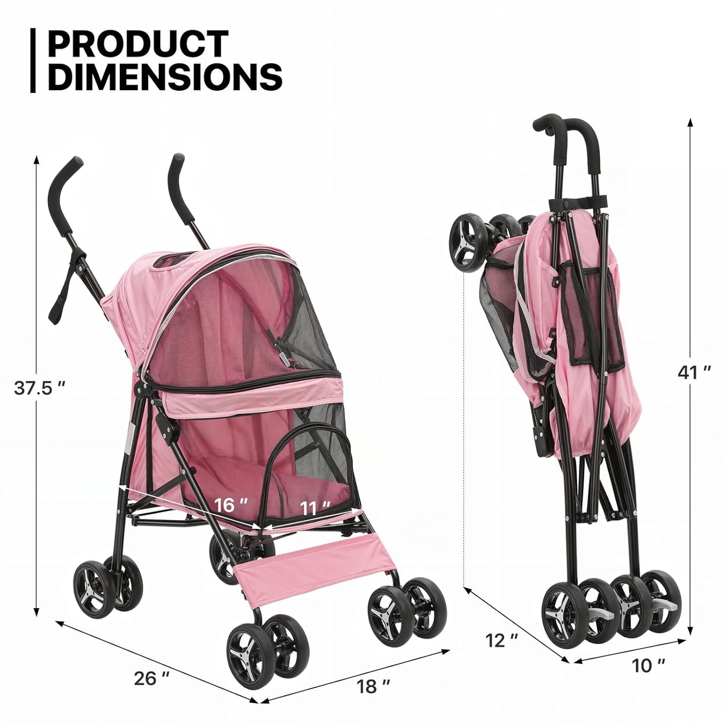 MoNiBloom 4 Wheels Pet Stroller, Easy-Fold Puppy Cage Jogger Stroller with Sun Cover, Pad and Rear Storage Bag, Breathable and Visible Mesh for Small/Medium Pets up to 22 lbs, Pink