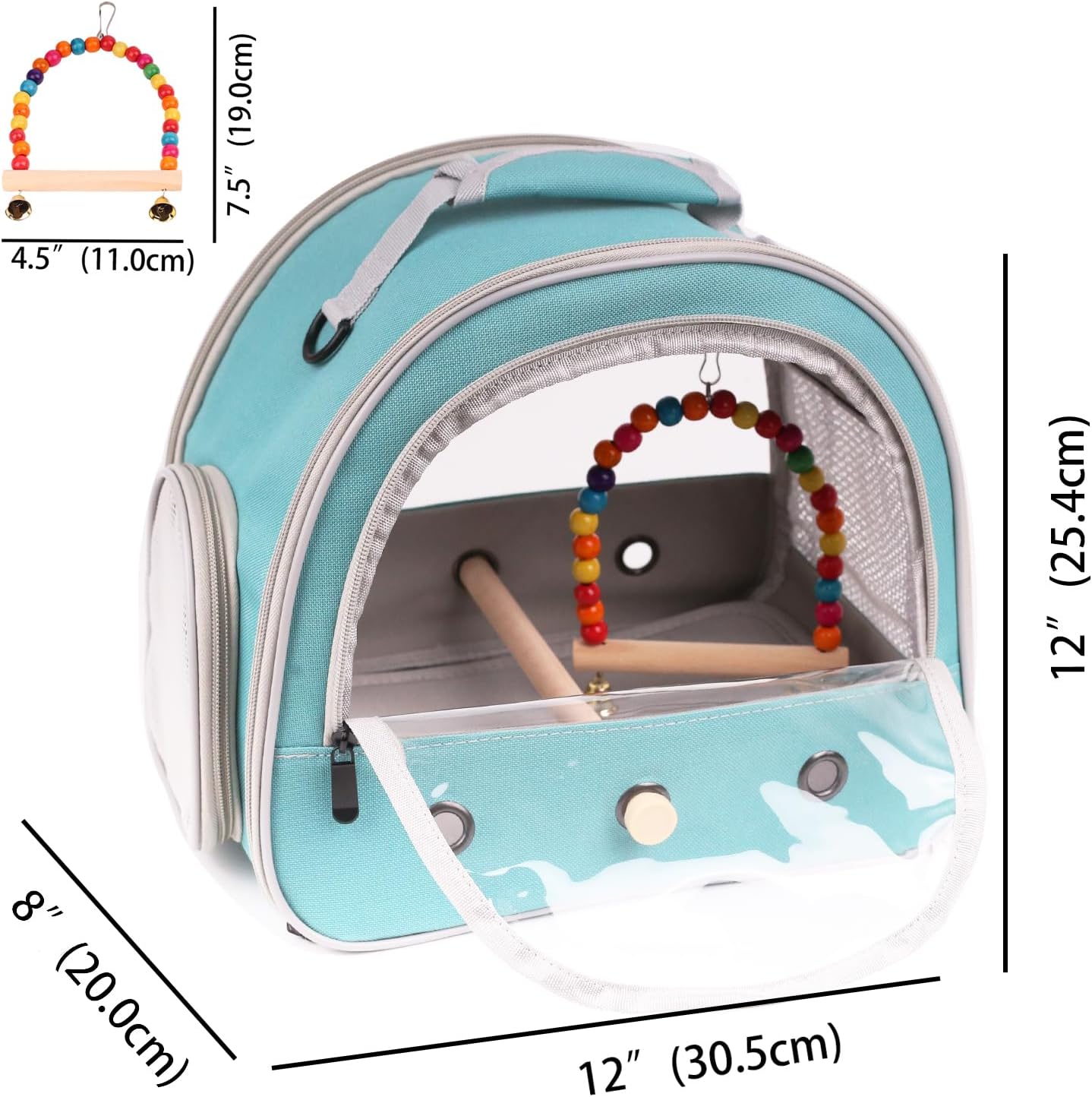 Portable Parrot Travel Cage Carrier with Small Swing Toy&Cage Colorful Toys Set Small Bird Parakeet Bag with Standing Perch Bird Carry Transport Bag (Green, Carreir/Swing)