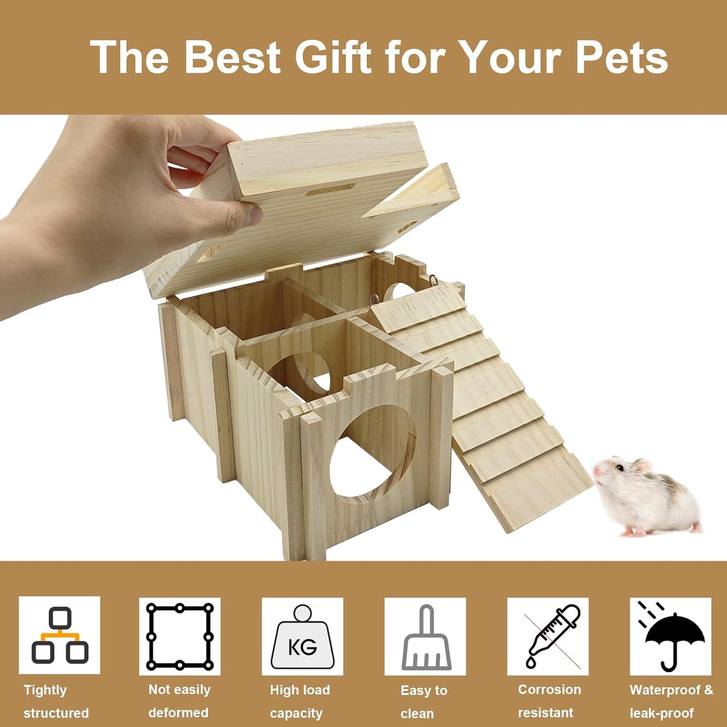 Wooden Hamster Hideout Hamster Wood House with Ladder Hides Platform Decor Detachable Small Animals Cage Accessories for Rat Gerbils and Other Small Pets