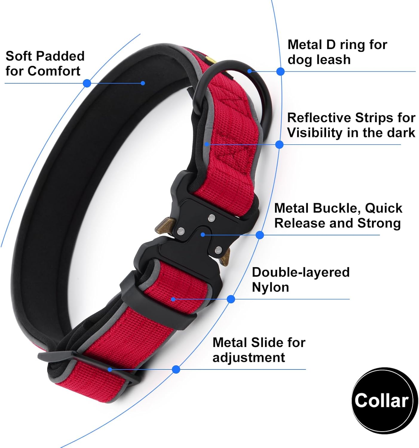 Plutus Pet Tactical Dog Collar, Reflective, Adjustable Heavy Duty Dog Collar, Soft Padded and Comfortable, for Small Medium and Large Dogs (Red, S)