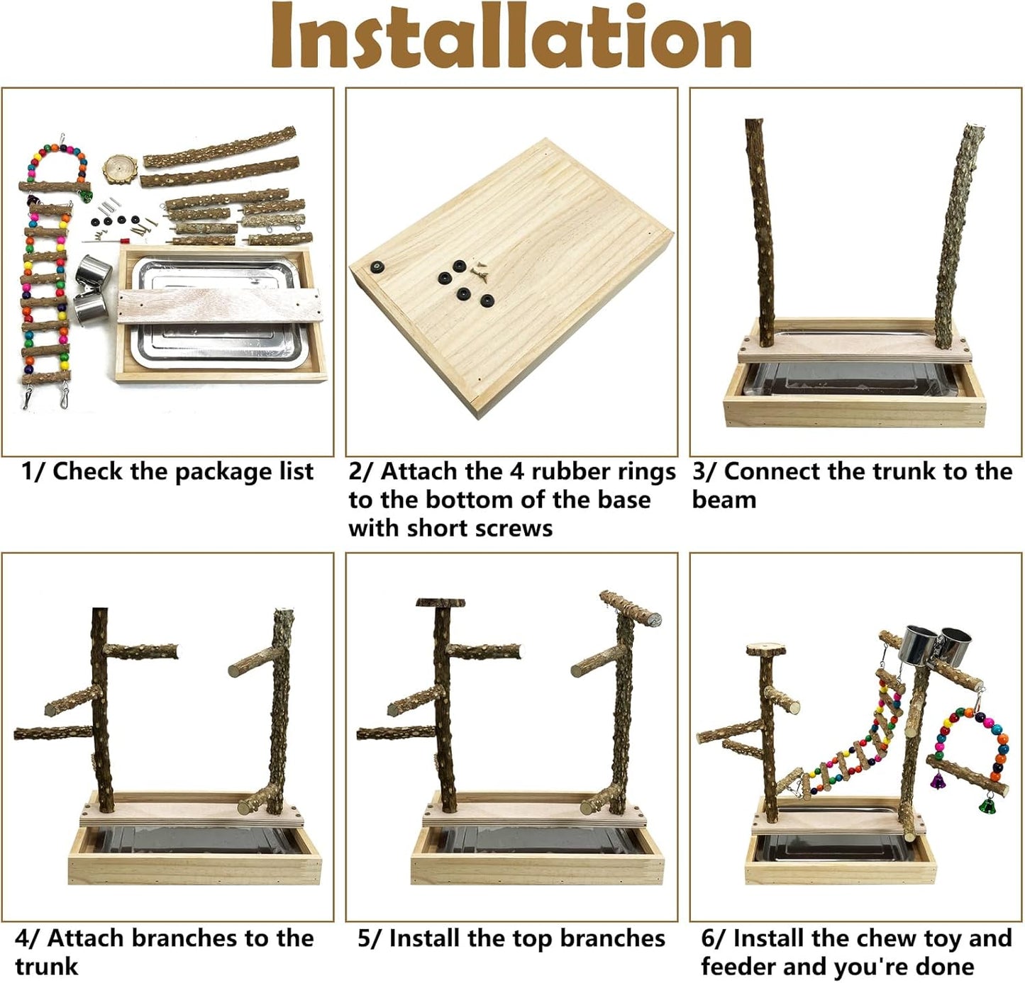 Tfwadmx Bird Playground Natural Wood Bird Play Stands Parrot Perch Stand with Removable Tray Climb Ladders Swing Chewing Toys for Lovebirds Cockatiels Budgies