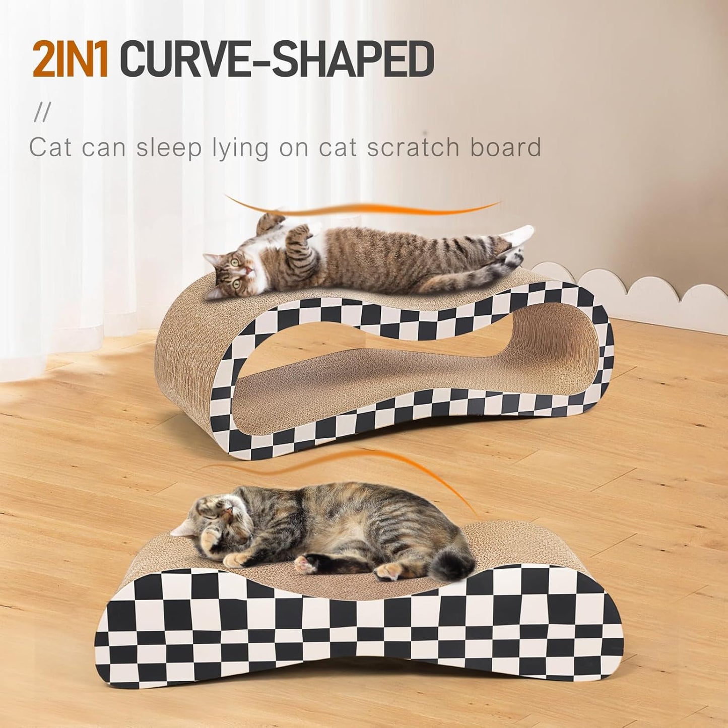 2 in 1 Cat Scratcher Cardboard Lounge Bed, Cat Scratching Post, Durable Board Pads Prevents Furniture Damage,Large,Checkerboard