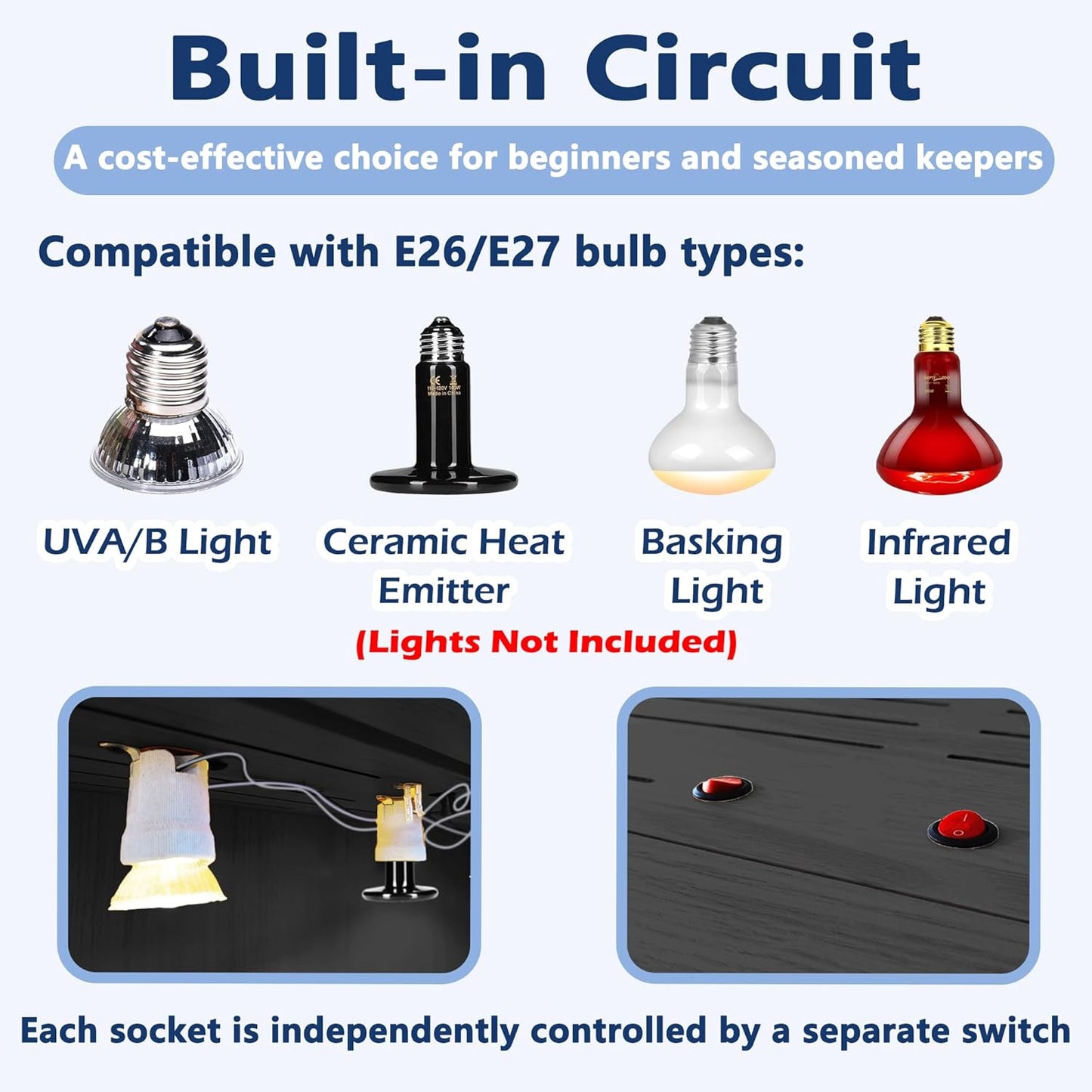 Prolee Reptile Terrarium, Lizard Tank Up to 68 Gallons, Bearded Dragon Tank with Roof Door, Snake Tank with Built-in Lamp Fixture and Switch, with Leg Stand (Black, 21 Gallons, 24" Length)