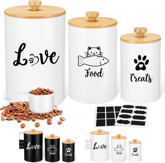 Metal Airtight Cat Treat Container Set of 3 with Bamboo Lids and Spoon Cat Food Storage Container with DIY Labels Pen Pet Cookie Snack Food Storage Organizer Jars for Kitchen Counter(White)