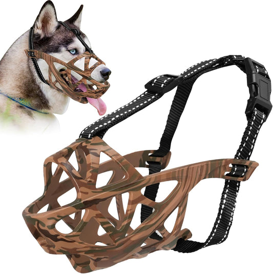 Dog Muzzle for Large Dogs, Breathable Basket Muzzles for Small, Medium and X-Large Aggressive Dog, Allows Panting Drinking, Suitable for Grooming Trimming Training (Camouflage Brown, S)