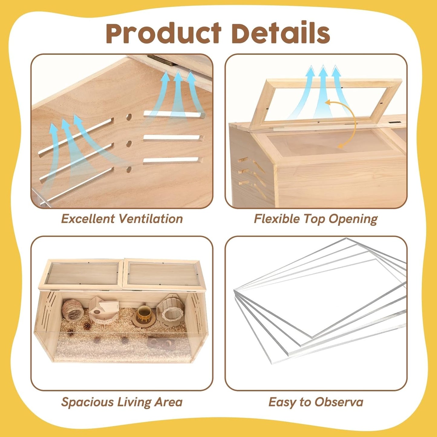 Snowtaros Wooden Hamster Cage, Large Hamster Cages and Habitats Chewproof, with 2 Openable Acrylic Top, Small Animal Cage for Mouse Gerbil Quail Dwarf Syrian Hamsters (31.5" L*15.7" W*15.7" H)