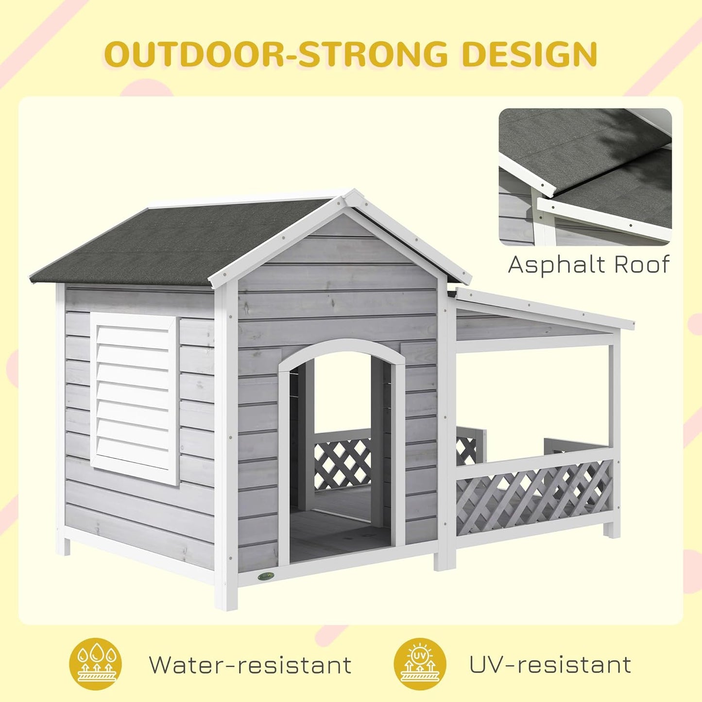 PawHut Wooden Dog House Outdoor with Porch, Cabin Style Raised Dog Shelter with Asphalt Roof, Doors, and Shutter Window, for Medium Large Sized Dog, Light Gray