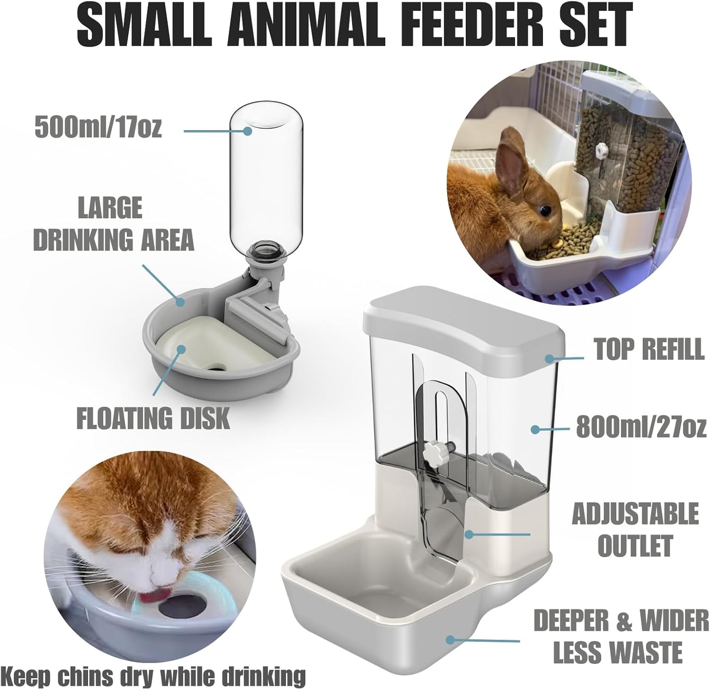 Automatic Pet Food Water Dispenser, Auto Gravity Pet Feeder Water Bottle Set for Crate, Feeding Station for Small Dog Cat Rabbit Guinea Pigs Chinchilla Ferret Hedgehog (Blue)
