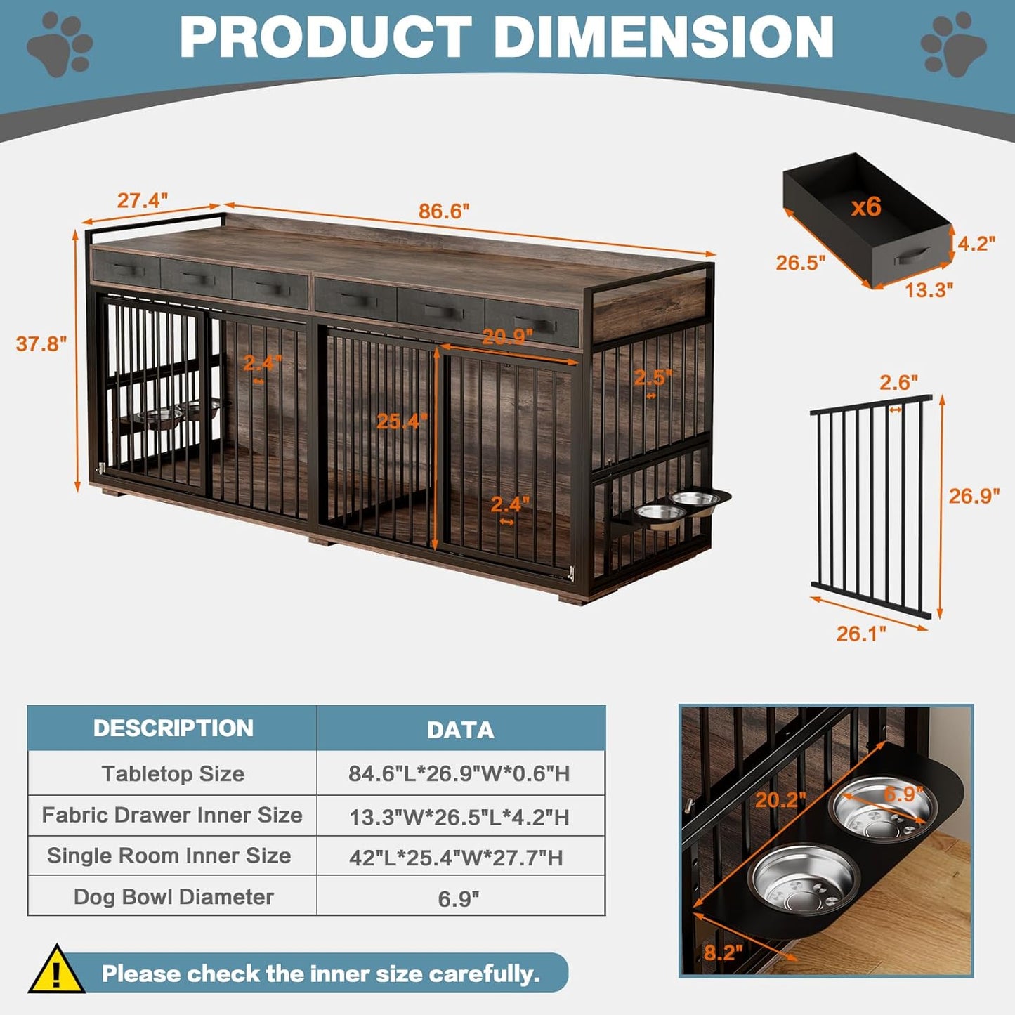 86.6Inch Large Double Dog Crate Furniture,Heavy Duty Metal Frame Dog Crate Kennel with Adjustable Feeder Bowls and Removable Divider&Drawers,Chew-Resistant Dog Kennel for 2 Dogs Indoor