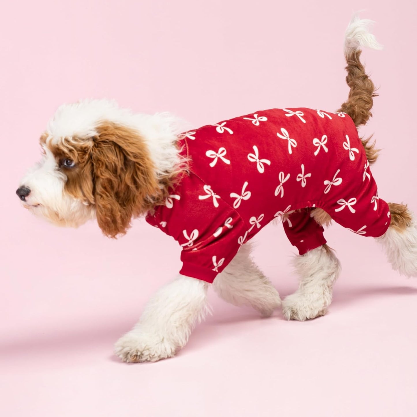 Fitwarm Bowknot Dog Pajamas, Warm Clothes for Small Dogs Girl, Fleece Pet Onesie with Feet, Burgundy Red, White, XL