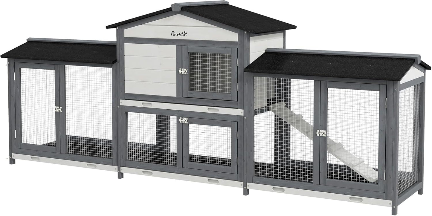 PawHut 90.5" Wooden Rabbit Hutch Bunny Cage Pet Playpen House Enclosure with Double Side Run Boxes, No Leak Tray, Ramp, for Guinea Pig and Small Animals, Light Gray