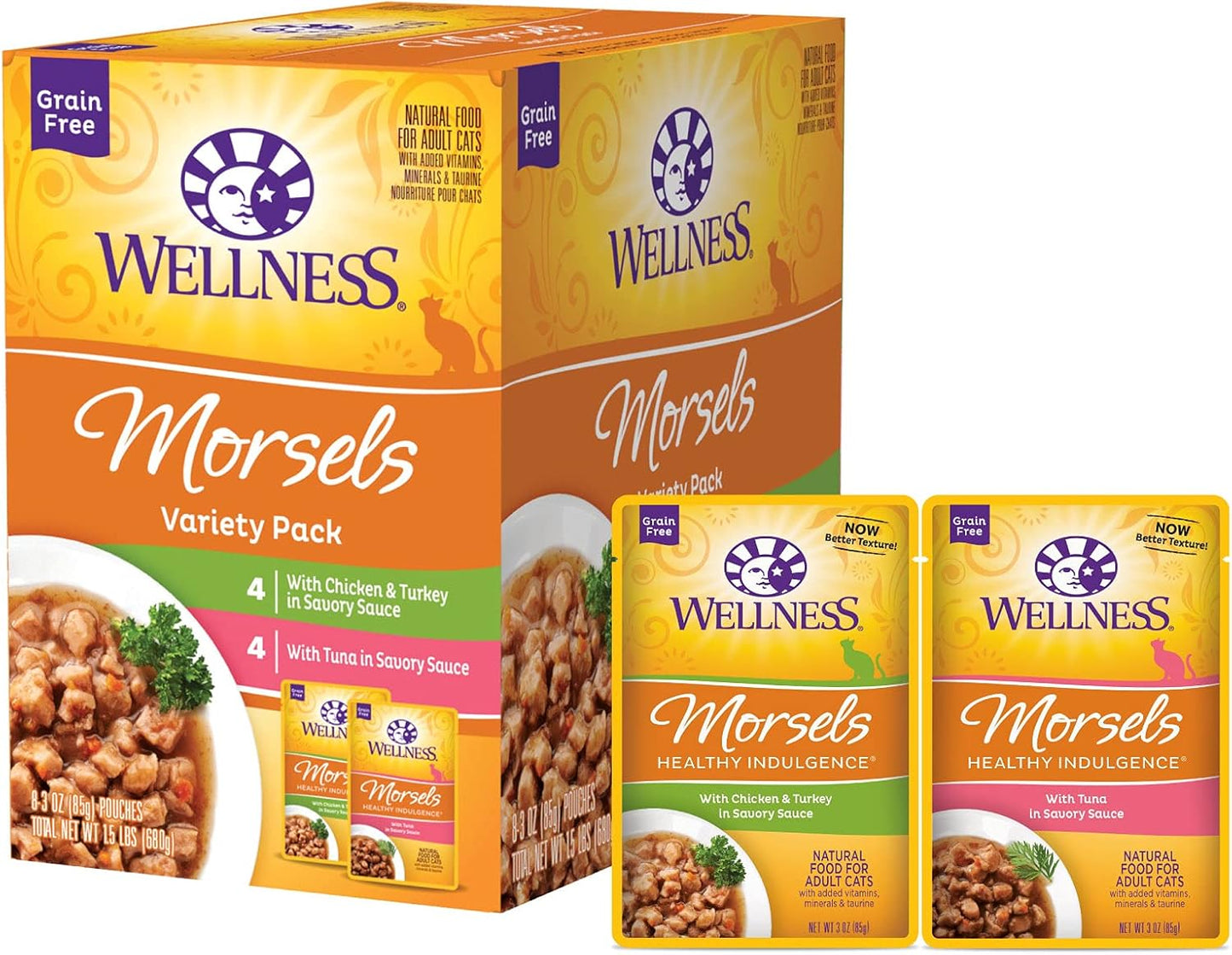 Wellness Healthy Indulgence Morsels Adult Wet Cat Food, Natural, Protein-Rich, Grain-Free, 3 Ounce Pouch, 8 Pack, (Morsels Variety Pack)