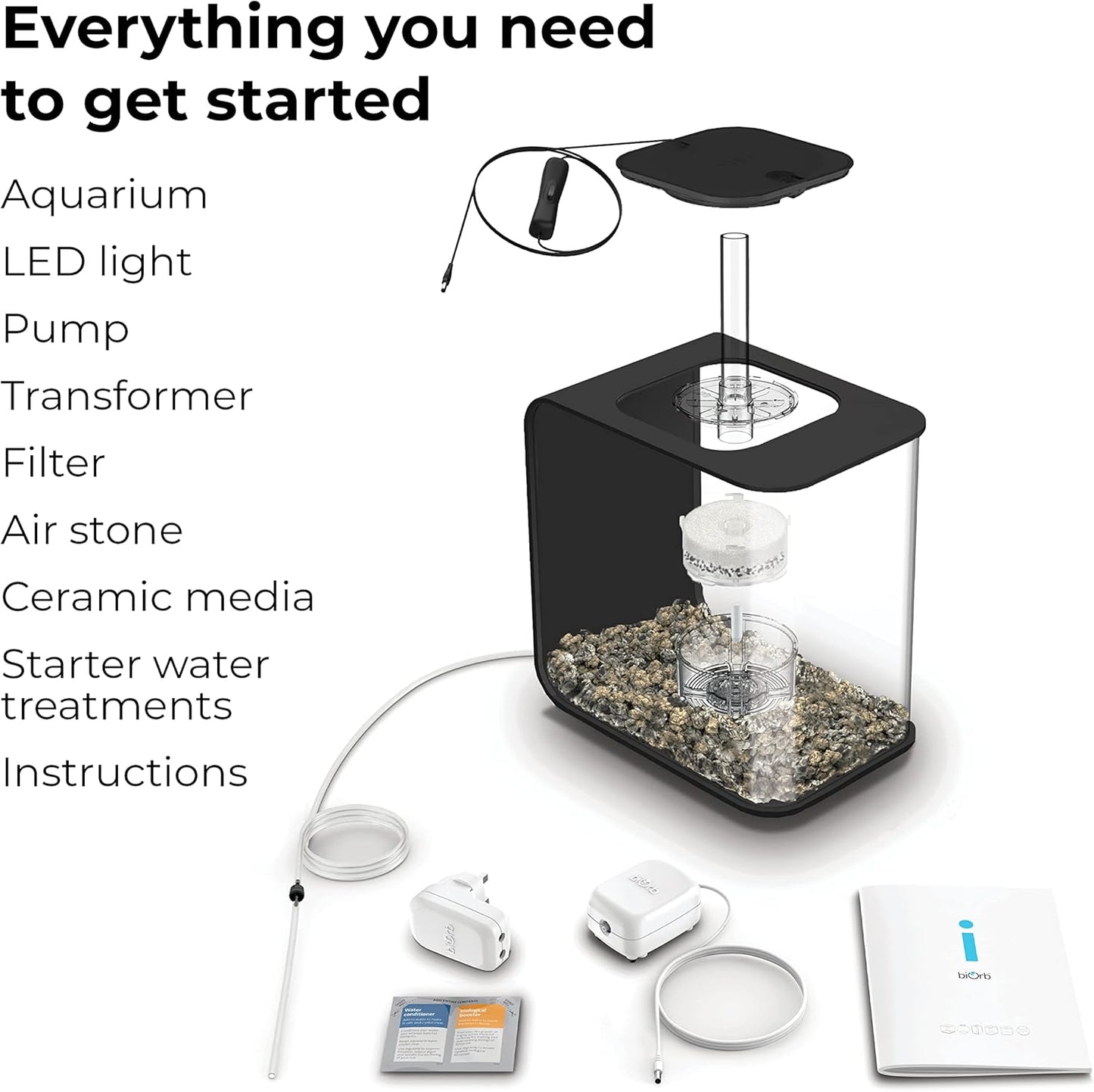 biOrb Flow 15 Acrylic 4-Gallon Aquarium with White LED Lights Modern Compact Tank for Tabletop or Desktop Display, Black