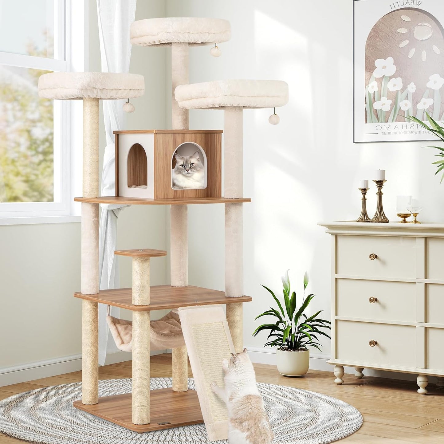 PETSITE 68 Inch Modern Tall Cat Tree for Indoor Cats, Multi-Level Wooden Cat Tree Tower with Sisal Scratching Posts, 3 Top Perches, Cat Condo, Comfy Hammock, Sisal Ramp, and Jingling Balls