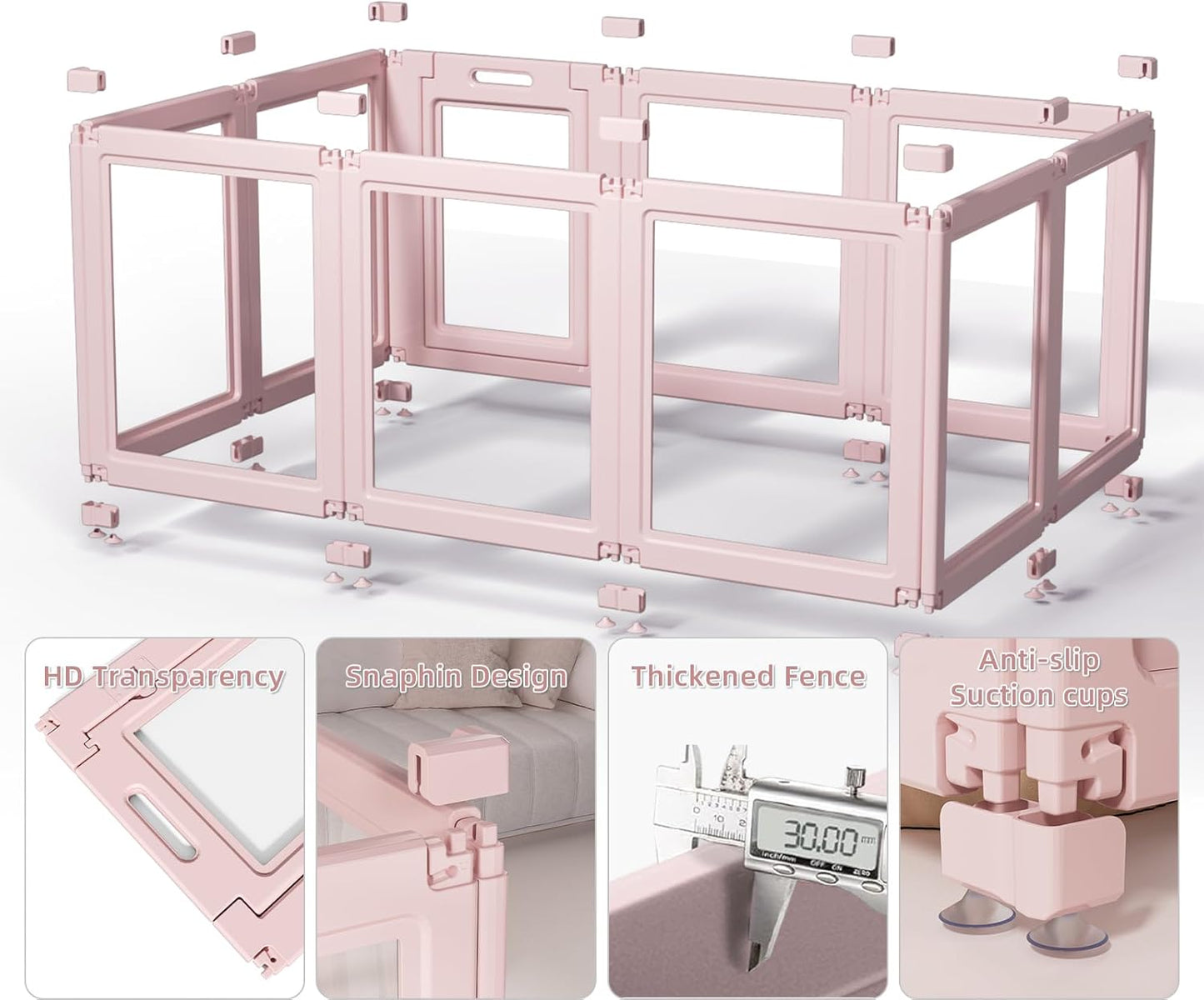 DIY Clear Acrylic Dog Playpen House,Quick Easy Assembly and Disassembly,Strong Floor Suction,Indoor and Outdoor Use,Easy Cleansing Puppy Fence (Skin Pink, 30.3" H, 10PCS)