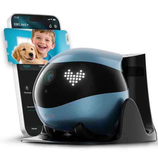 Enabot EBO Air 2 FamilyBot Indoor Security Camera Robot: 2K Pet Camera, Movable Home Robot, Custom Facial Expression, Auto-Recharge, Battery-Operated, 2-Way Talk, Night Vision(Jay Blue)