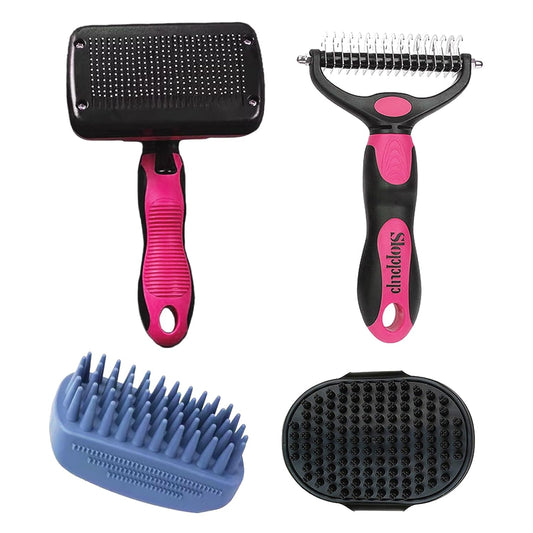 Dog Brush Kit for Grooming Short & Long Haired Dogs & Cats, 4-in-1 Pet Grooming Set with Self-Cleaning Slicker Brush, Deshedding Tool, Shampoo Bath Comb, Massge Comb (Pink Black)