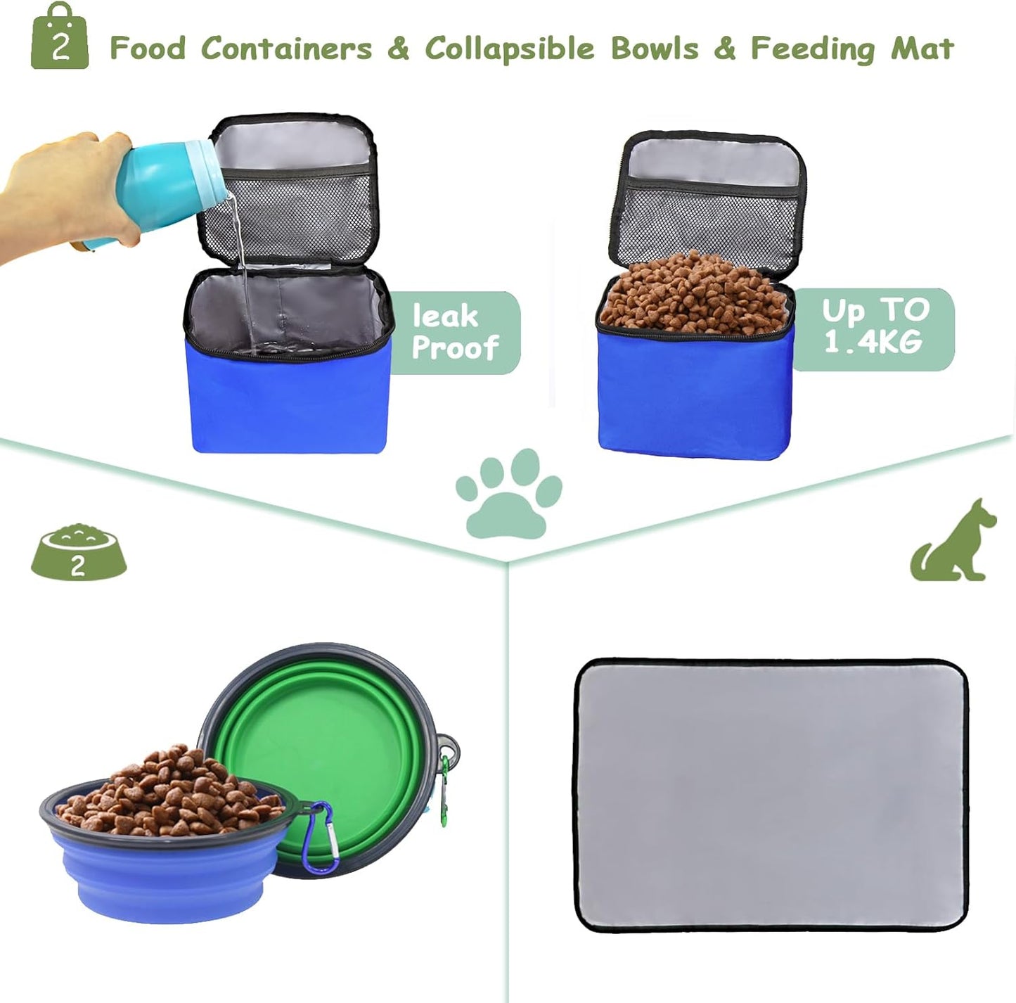 WOLT Dog Travel Bag Dog Bag for Traveling and Supplies with 2 Collapsible Bowls, 2 Food Containers, 1 Place Mat, Blue