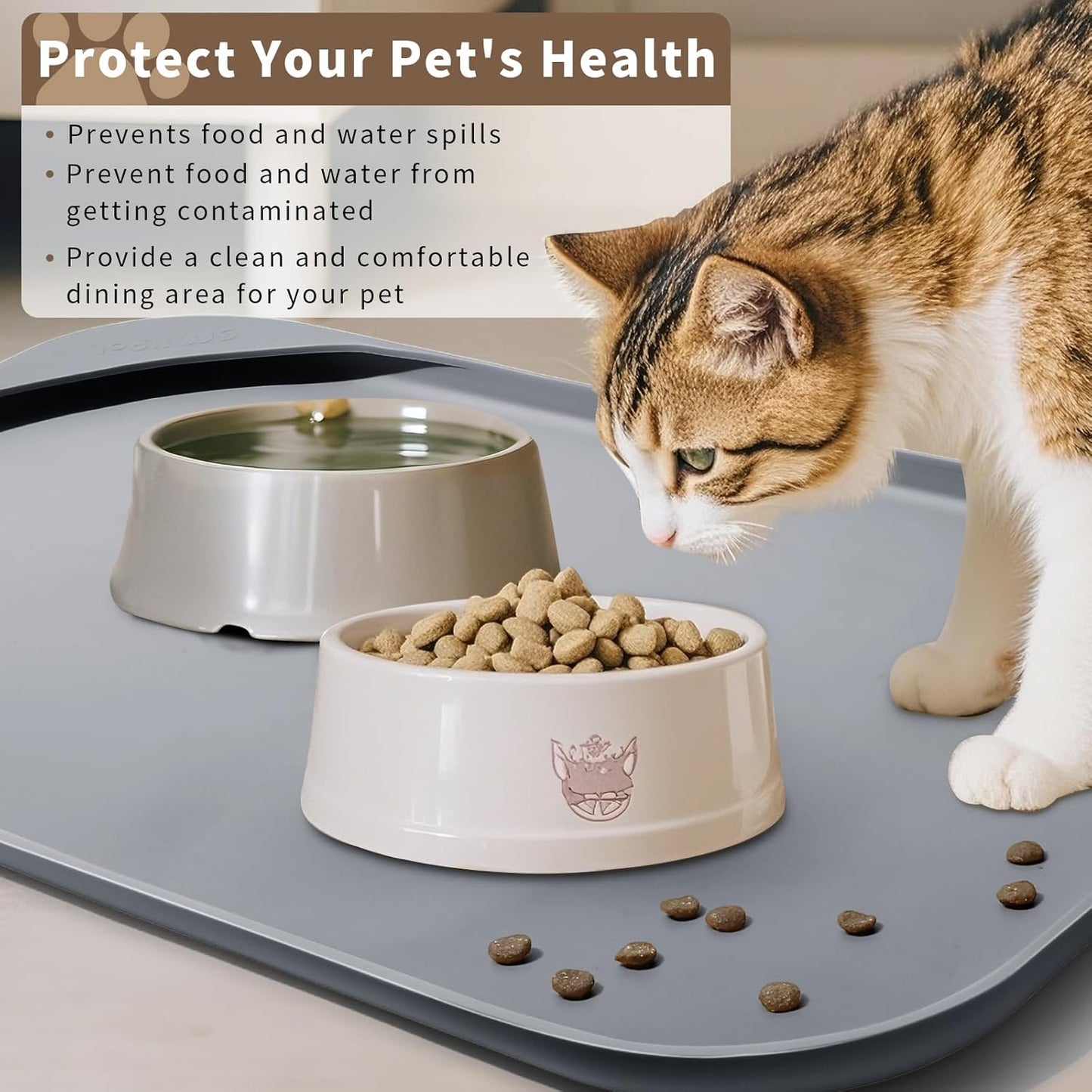 Silicone Pet Feeding Mat with Raised Edge & Residue Collection Pocket for Food and Water, Dog Bowl Mats, Cat Bowls Placemat with High Lip for Floor Waterproof, 19 x 12 x 0.7 Light Gray