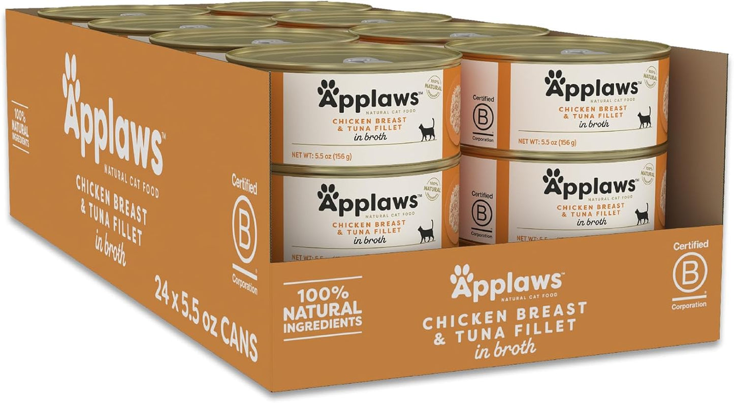 Applaws Natural Wet Cat Food in Broth, Limited Ingredient Canned Wet Cat Food, No Additives, Made with Natural Ingredients, Chicken Breast & Tuna Fillet in Broth (24 x 5.5oz Cans)