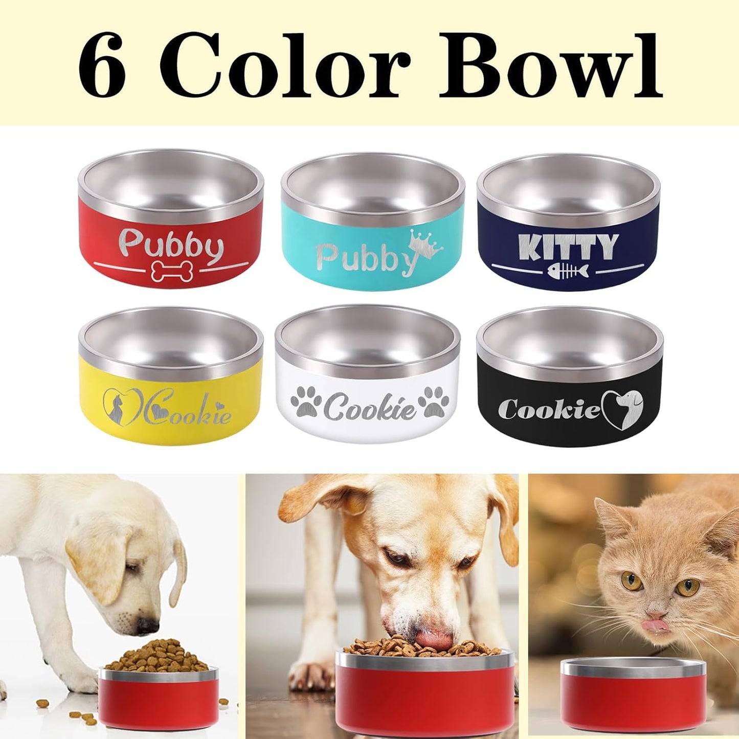 42OZ Personalized Dog Bowl Laser Engraved Custom Pet Name 18/32/42/64 oz No Slip Stainless Steel Insulated Bite-Resistant Food Water Dishes-White