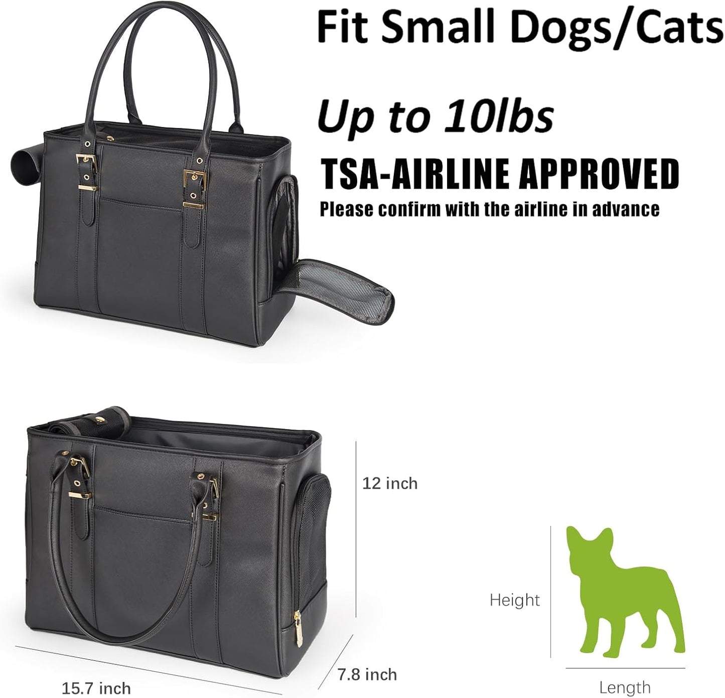 Fashion Pet Carrier Dog Purse Cat Bag Soft-Sided Carriers Travel Airline Approved, Stylish Leather Tote Handbag for Small Animal Puppy Kitten (Black)