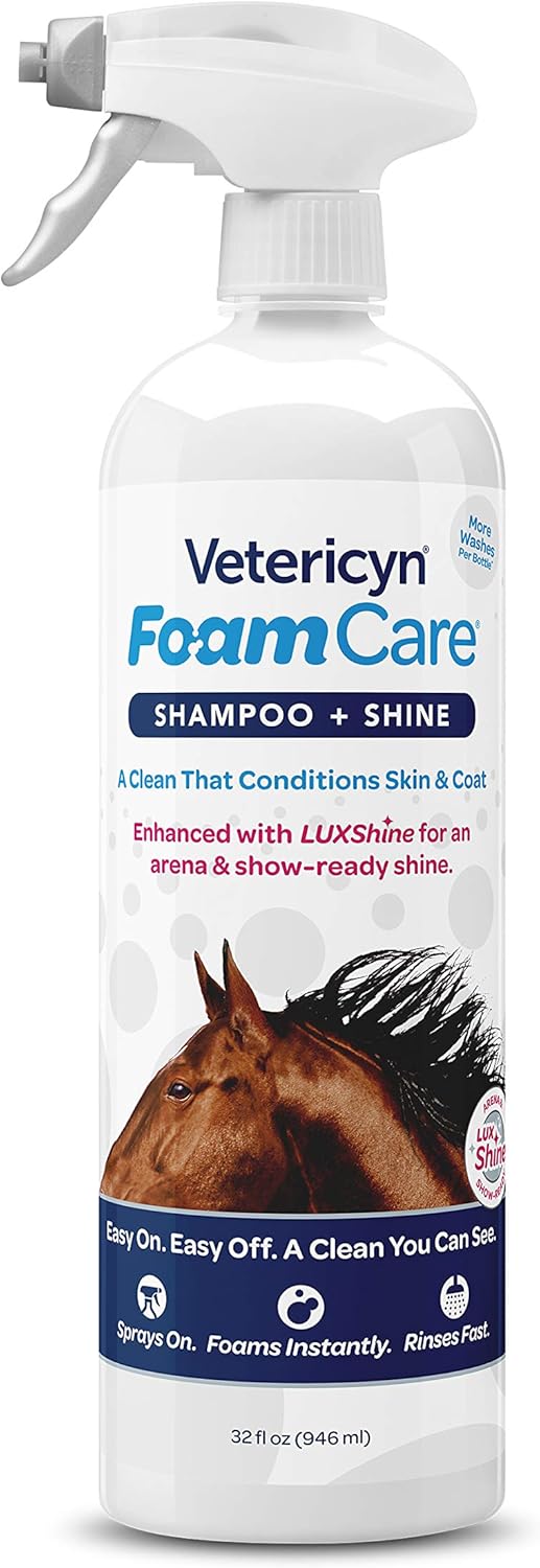 Vetericyn FoamCare Horse Shampoo - Equine Instant Foam Sprayable Shampoo with Aloe to Promote Healthy Skin and Coat, Paraben Free, Cleans, Moisturizes, and Conditions Horse's Coat. 32 fl. oz.
