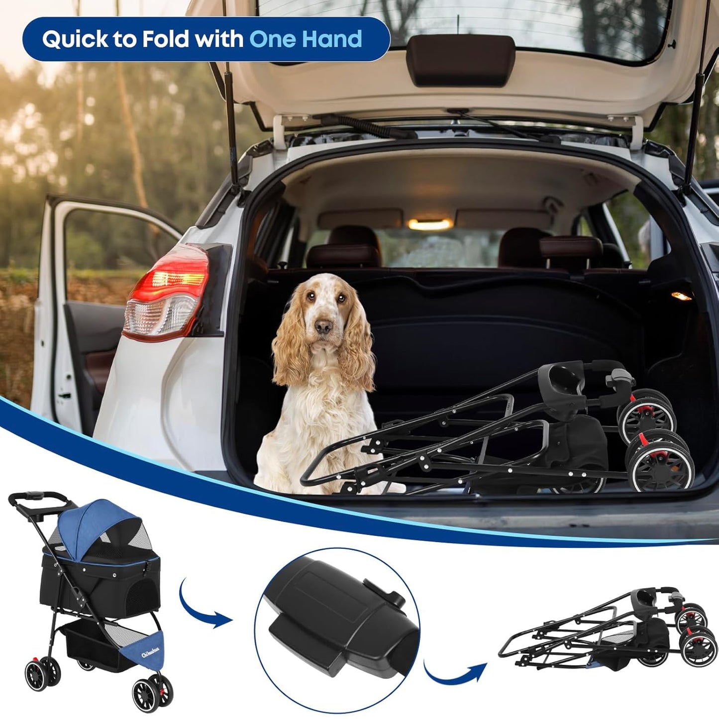 Pet Stroller,Dog Stroller for Small Medium Dogs Cats,3 Wheels,Foldable,with Breathable Mesh Canopy,Cup Holders,Easy Assembly,Blue+Black