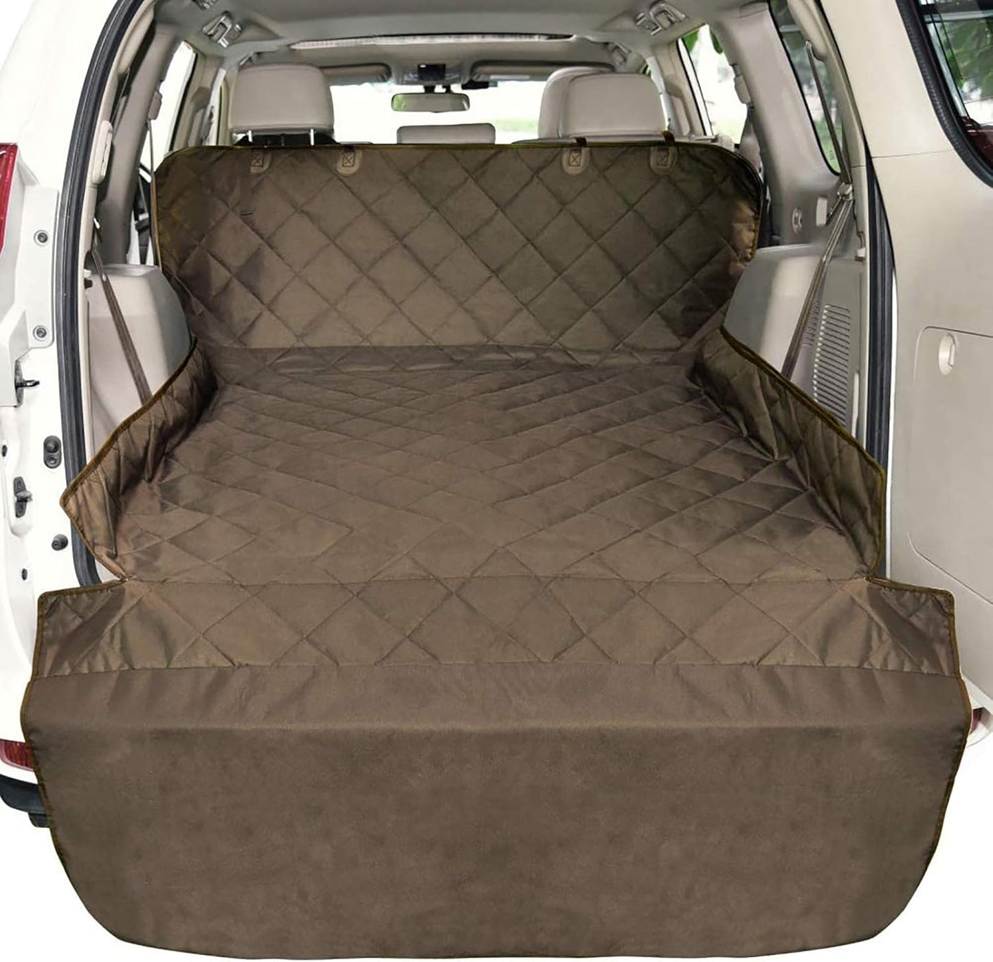 F-color SUV Cargo Liner for Dogs, Water Resistant Pet Cargo Cover Dog Seat Cover Mat for SUVs Sedans Vans with Bumper Flap Protector, Non-Slip, Large Size Universal Fit, Brown
