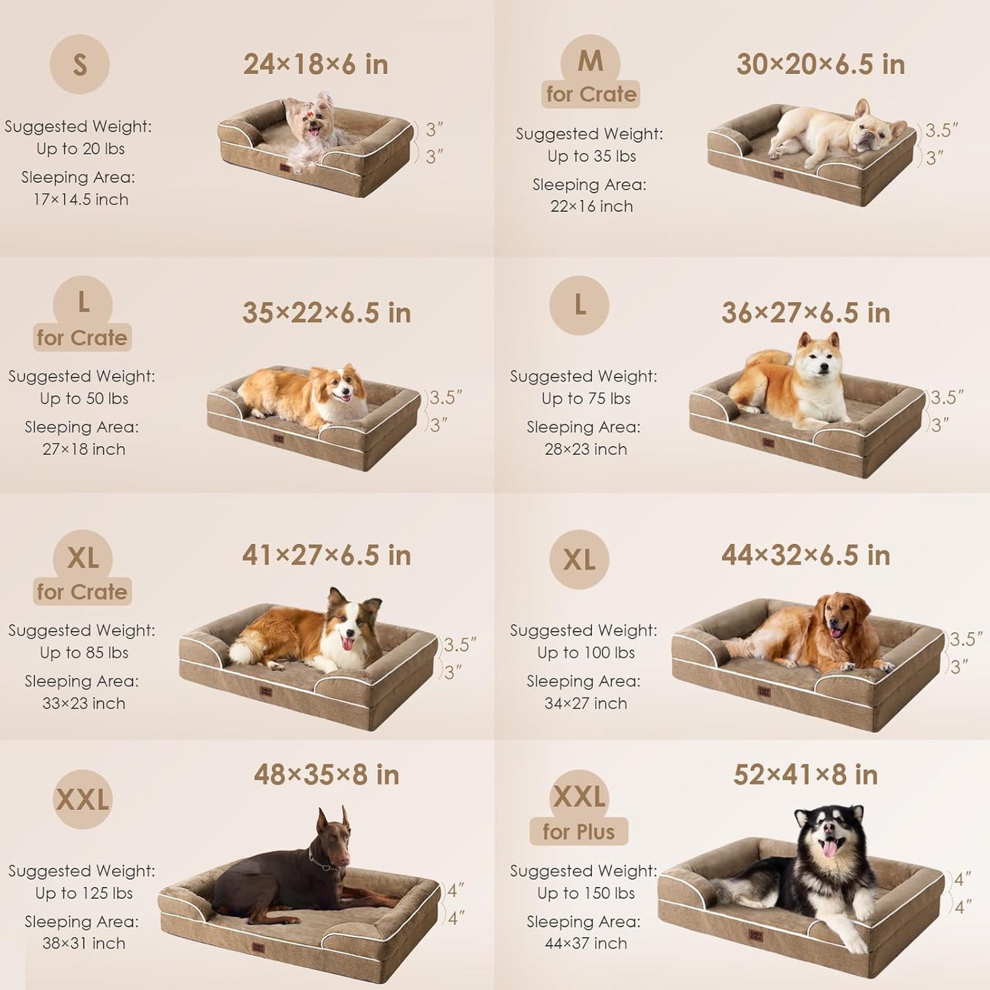 EHEYCIGA Orthopedic Dog Beds for Large Dogs, Waterproof Memory Foam Large Dog Bed with Sides, Non-Slip Bottom and Egg-Crate Foam Pet Couch Bed with Washable Removable Cover, Camel