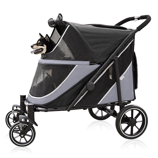 Dog Stroller for Medium/Large Dogs One-Click Folding, Extra Large Pet Stroller for 2 Dogs with Storage Pocket & Shock Absorption, Up to 130 lbs, Grey
