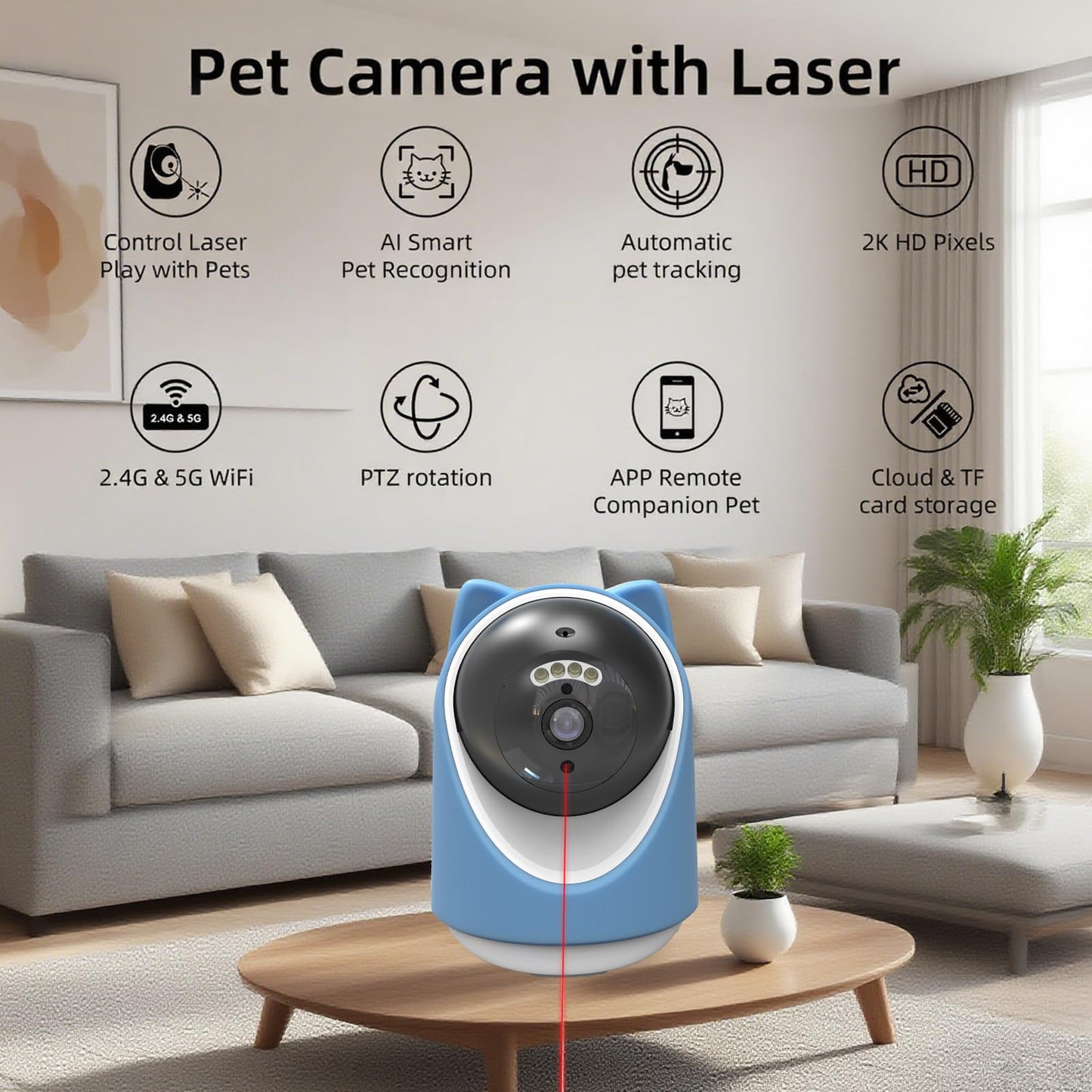 Miykuhok Pet Camera, 2K HD Indoor Dog and Cat Camera with Auto-Tracking & Laser Toy, Home Security Camera with Motion Detection, 2-Way Audio, Night Vision（64GB SD Card）