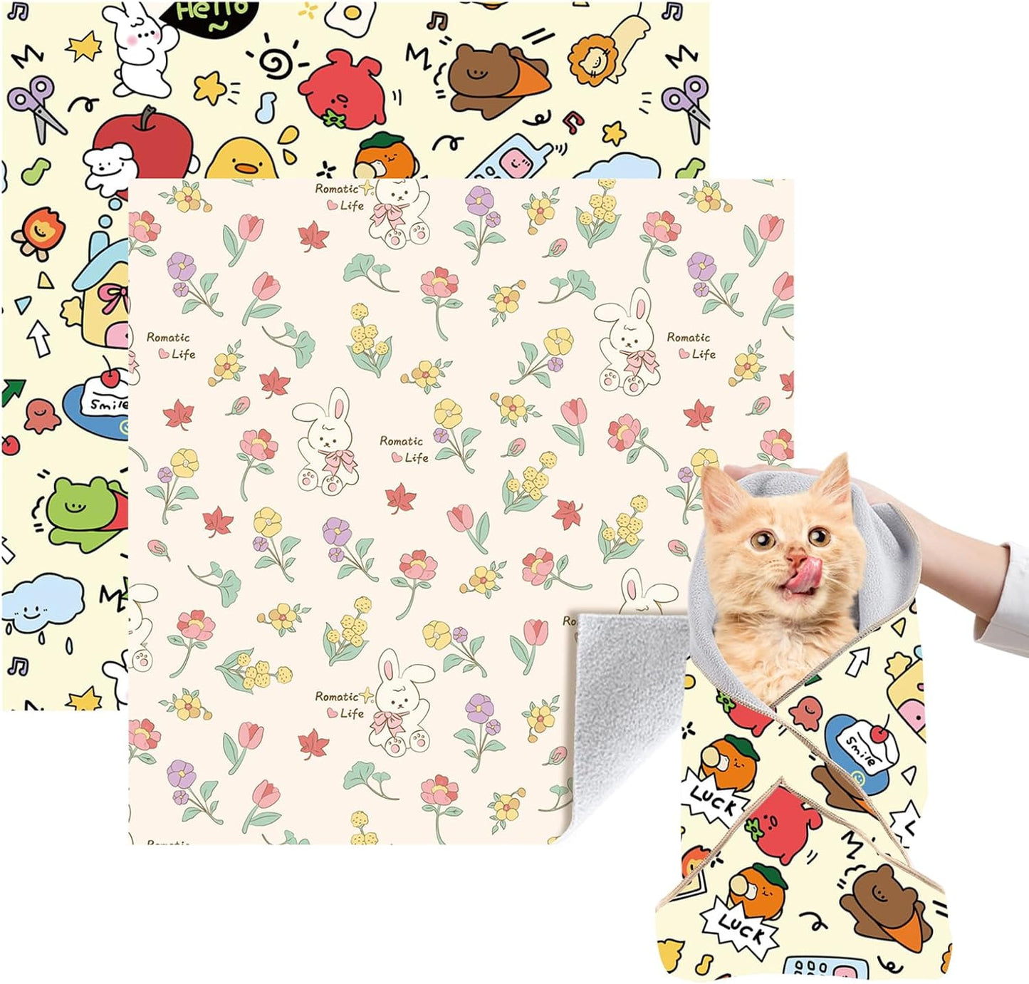 Cat Grooming Wrap, 2pcs [XL+XXL] Cat Restraint Wrap for Nail Clipping, Ear Cleaning, and Teeth Brushing, Self-Adherent, Anti-Bite, Anti-Scratch, Anti Scratch, Pink+Yellow