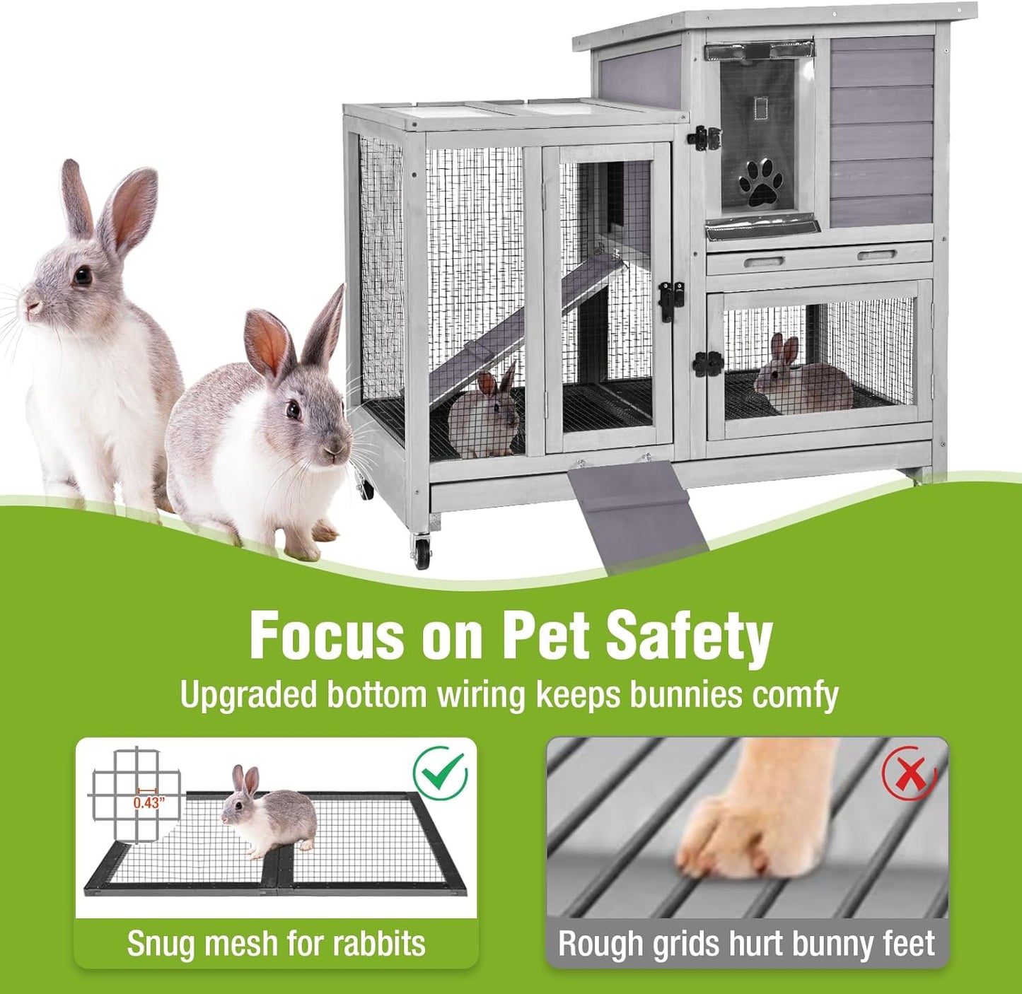 GUTINNEEN Indoor Rabbit Hutch Guinea Pig Cages with Chew-Proof Ramp, 2-Story Wooden Bunny House with Pull-Out Tray & Lockable Caster Wheels, Small Animal Cage for 2-4 Rabbits & Guinea Pigs (Grey)