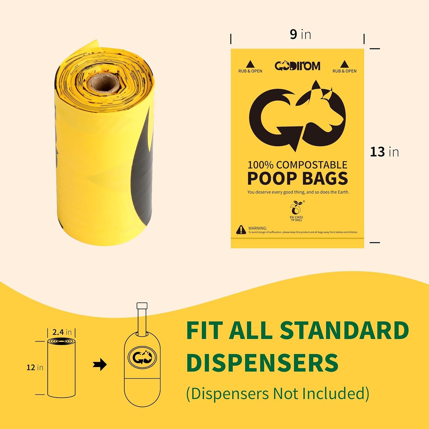 Certified 100% Compostable Poop Bags for Dogs, 120 Count Guaranteed Leak Proof and 18 Microns Extra Thick Dog Waste Bag, 18 Rolls of Plant Based Doggie Poop Bag, No Scented with ASTM D6400 & EN13432
