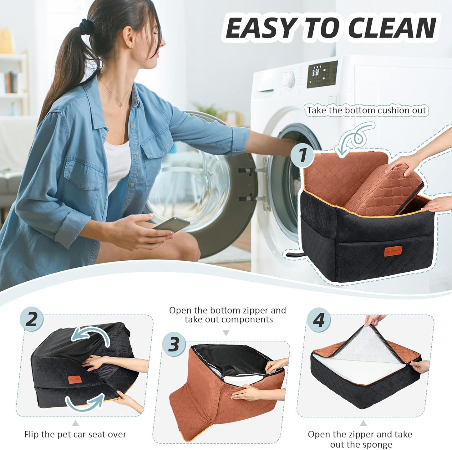 Small Dog Car Seat, Memory Foam Dog Booster Seats with Thick Cushion for Medium Dogs Under 35lbs, Detachable Washable Pet Car Seat Travel Bed with Storage Pockets,2 Safety Belts