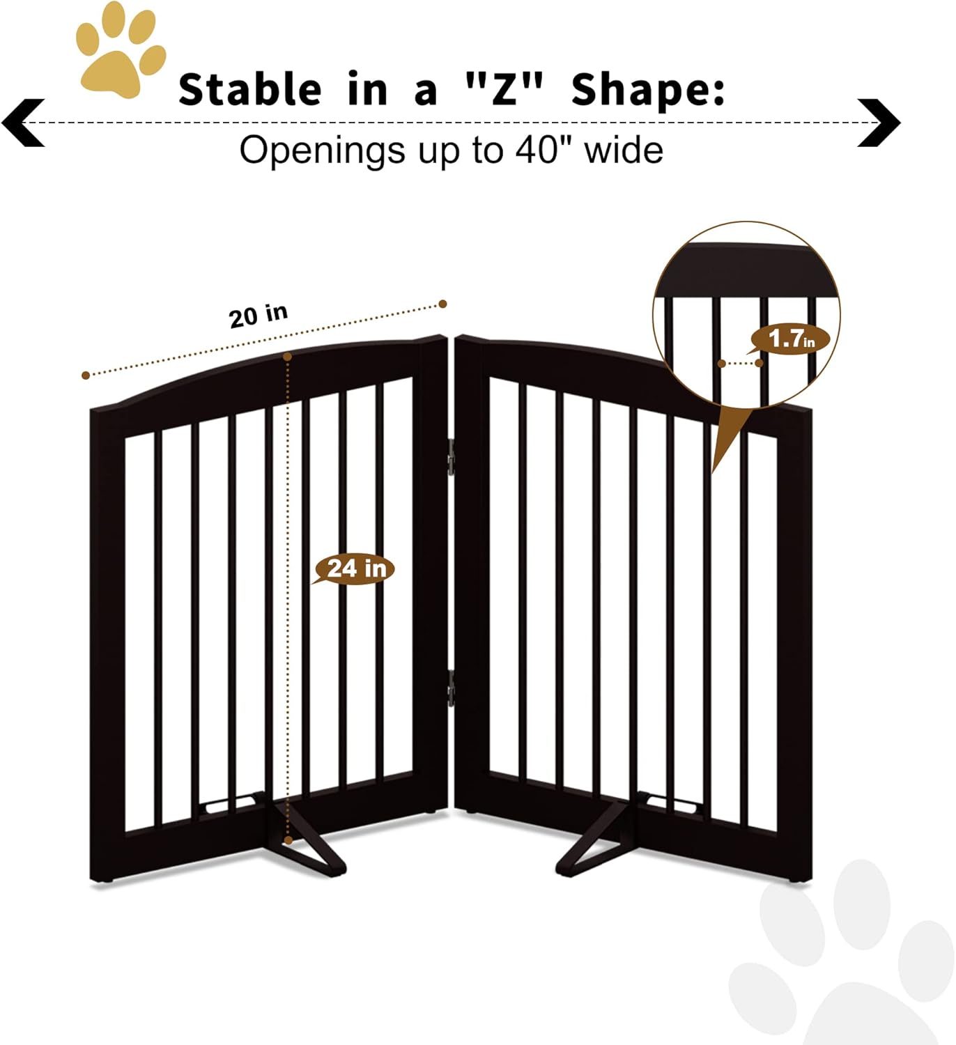 Freestanding Pet Gate for Dogs, Foldable Wooden Dog Gate for House, Indoor Pet Barrier for Stairs, Doorways, Support Feet Included, 24" Height 2 Panels, Brown