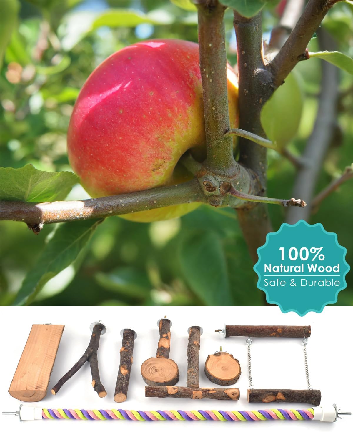 Bird Perches, 8pcs Natural Wood Parrot Perch Stand Chewing Toys Cage Accessories Hanging Multi-Branch Perch Platform Swing Toy Rope Perches for Small and Medium Parakeet, Conures, Budgies