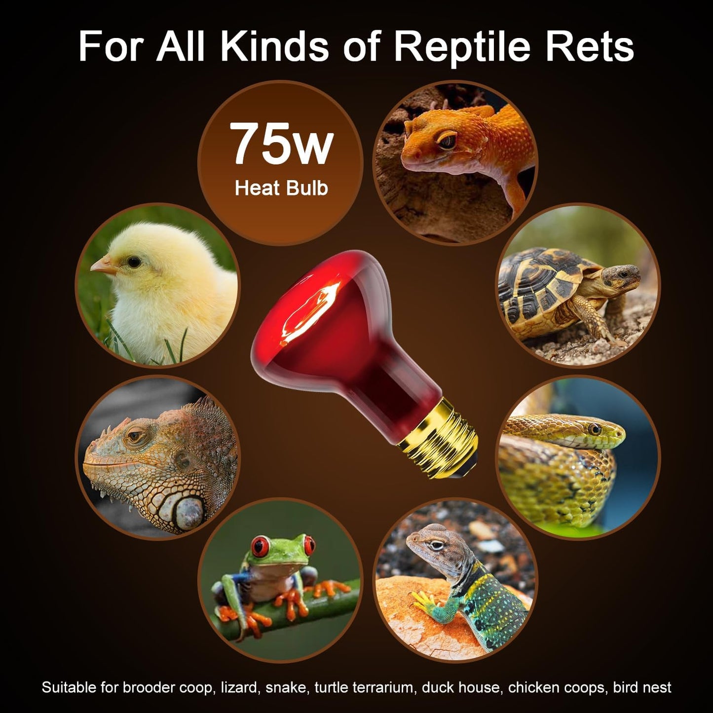 Reptile Heat Lamp Bulb 75W 2PCS, Infrared Heat Emitter Red Heat Lamp for Reptile Amphibian, Infrared Basking Spot Light Bulb