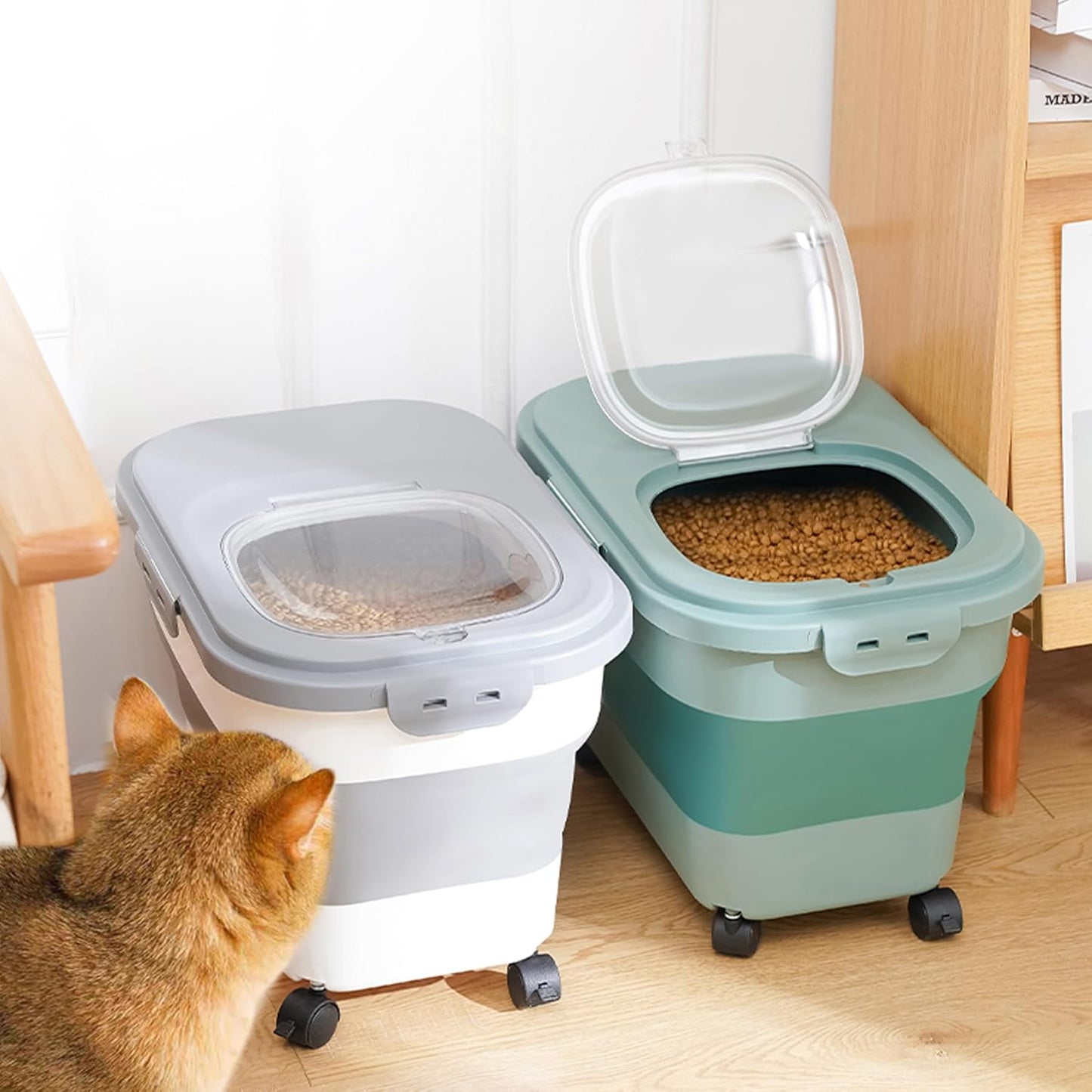 Collapsible Dog Food Storage Container with Lids, Airtight Rice Flour Cereal Sugar Cat Pet Bird Seed Containers Dispenser Bin Bucket with Rolling Wheel, 20 25 30 Lbs Plastic Sealable Kitchen Holder