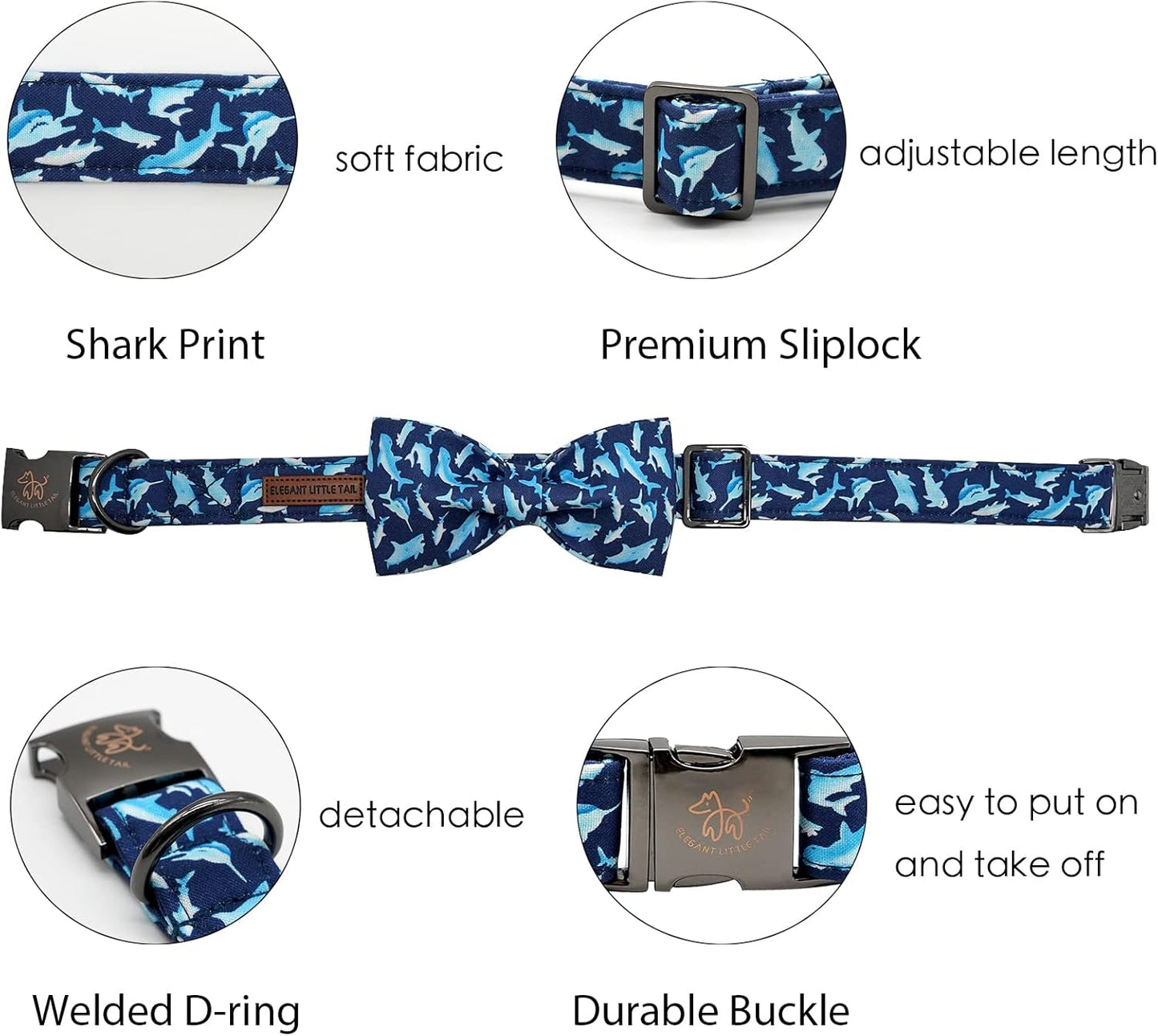 Elegant Little Tail Bowtie Dog Collar - Shark Print, Adjustable for X-Large Dogs