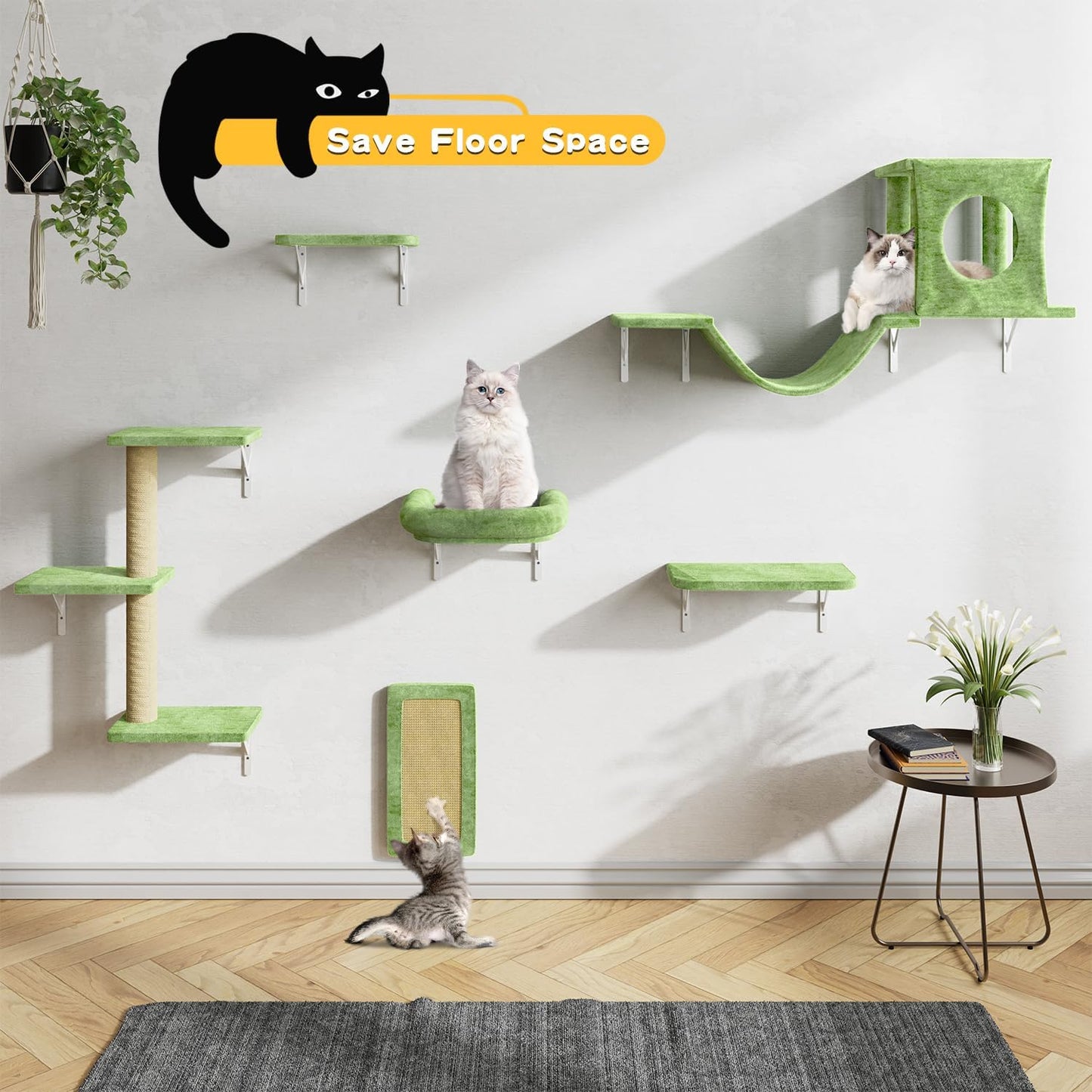 NUNU LAB Wall Mounted Cat Furniture, 6 Pcs Cat Wall Shelves with Condo House, Bridge, Steps, Scratcher, Hammock, Indoor Safe & Stable Furniture for Kittens Play, Green