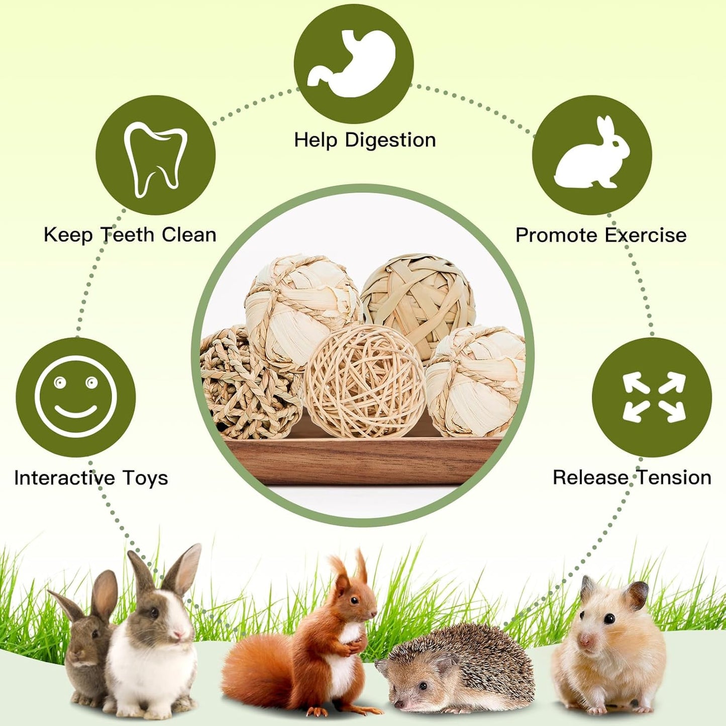 8 Pack Small Pet Chew Toys - 7cm Natural Woven Balls for Rabbits, Guinea Pigs, Hamsters (2 Seagrass, 2 Rattan, 2 Corn Husk, 2 Seaweed Rope) - Safe Dental Grinding Toys