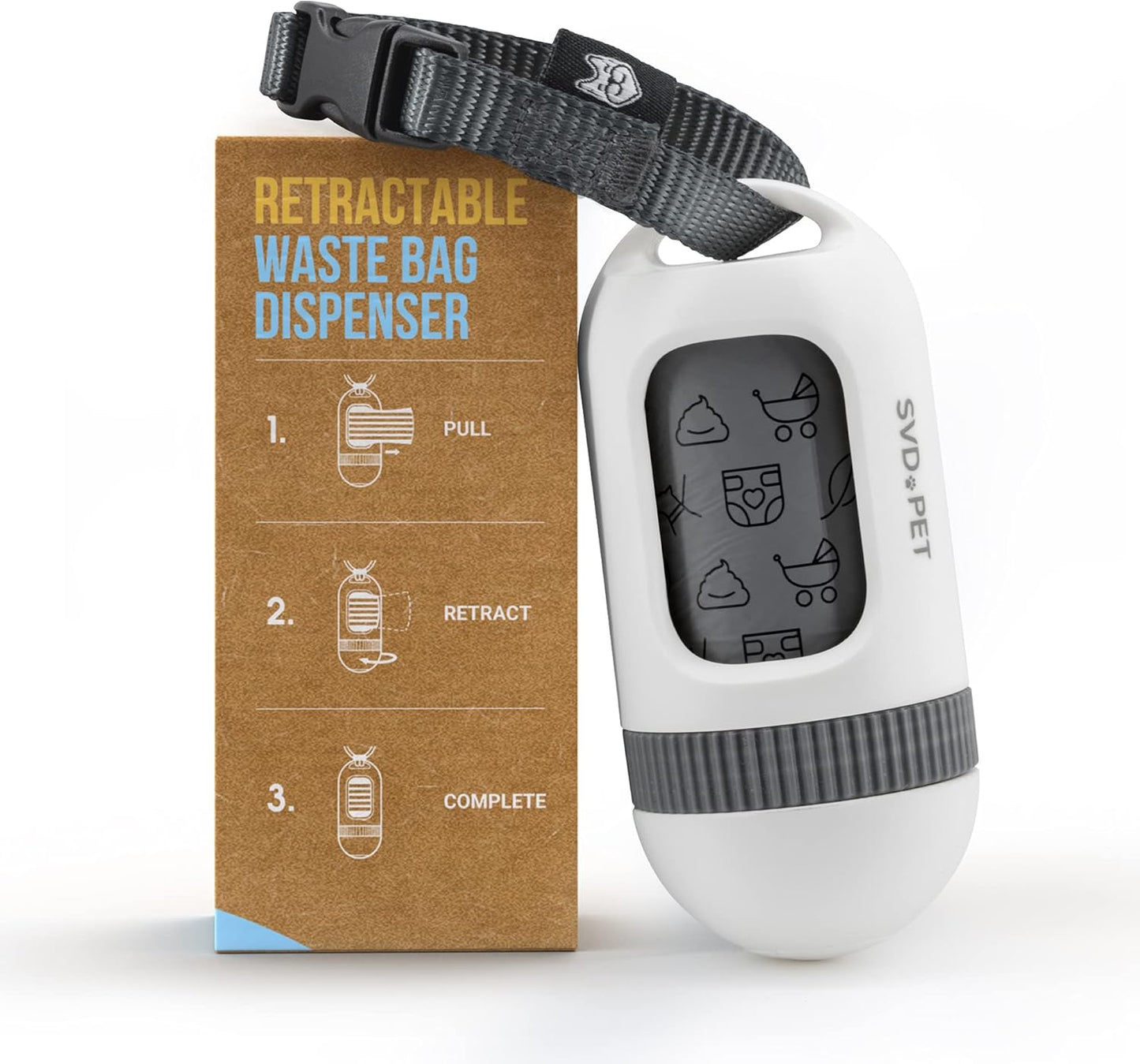 SVD.PET Dog Poop Bag Dispenser, Retractable Waste Bag Fits Any Dog Leash, Drop-Proof Poop Bag Holder, Doggy Walking Accessory (Pearl White)