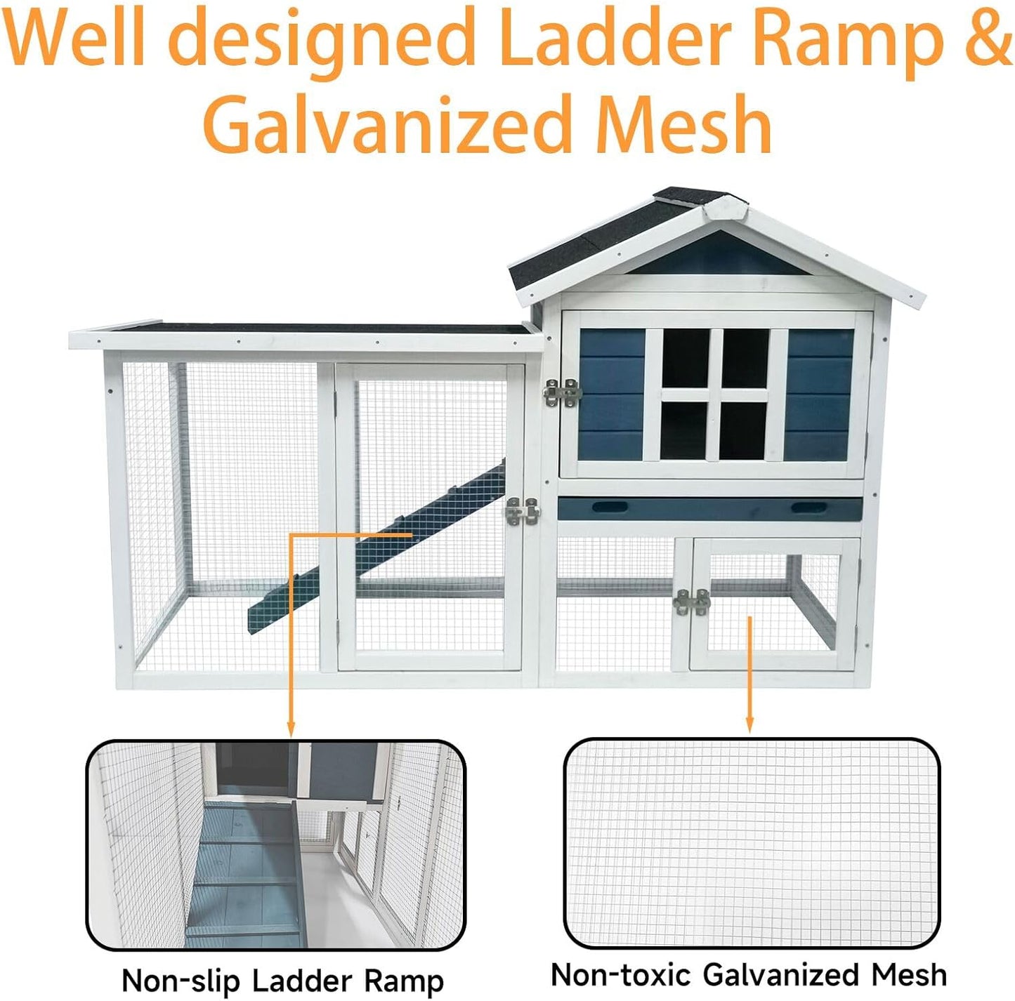 Large Outdoor Rabbit Hutch Weatherproof 2-Story Chicken Coop & Bunny Cage, Wooden Indoor/Outdoor Pet House with No-Leak Tray, Waterproof Roof & Pull-Out Tray (56.8" L x 34.7" H, Grey Blue&White)